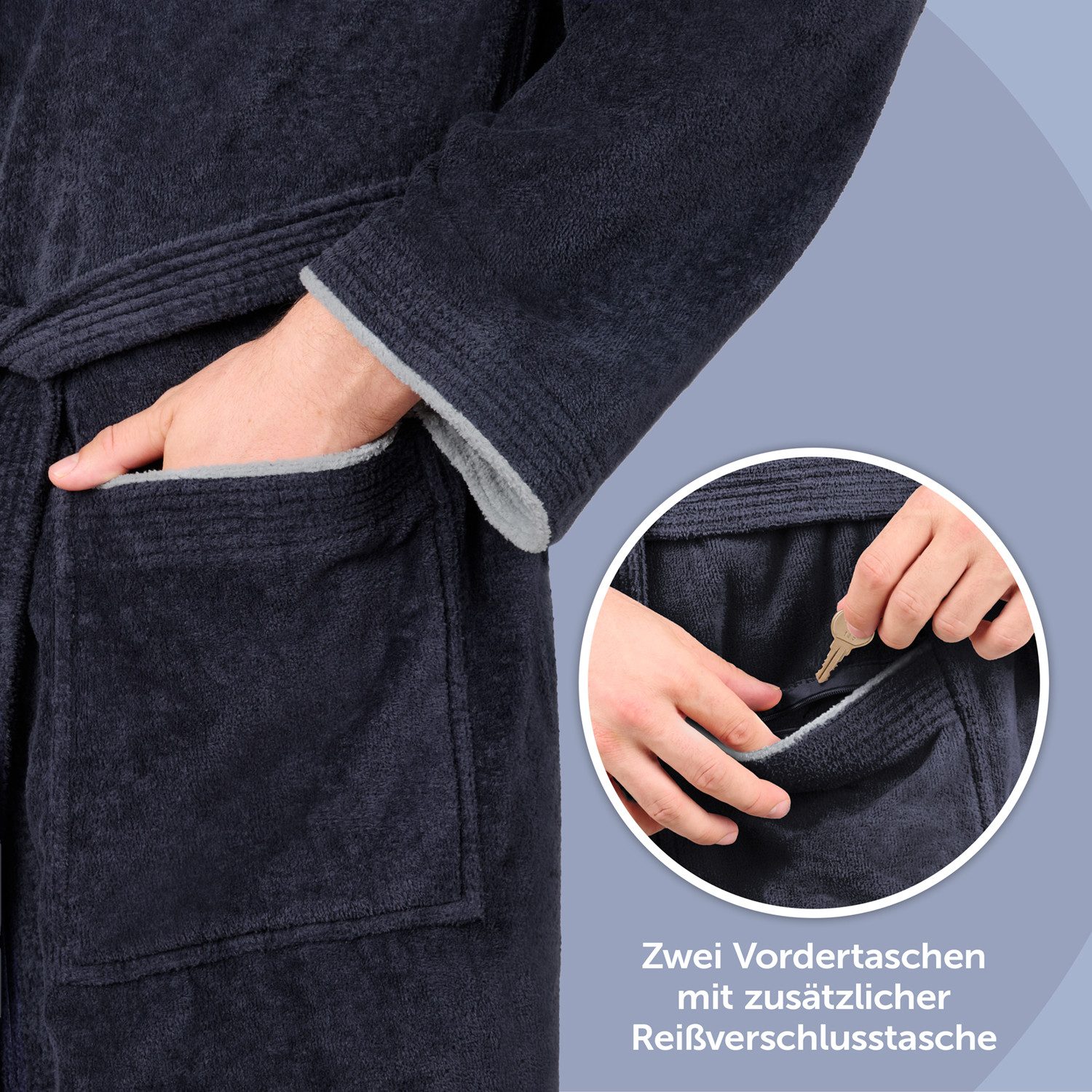 Blumtal Bademantel Herren, Baumwolle, mit gefütterter Kapuze, mit samtigen Frottee-Velours, Oeko-TEX® Zertifiziert