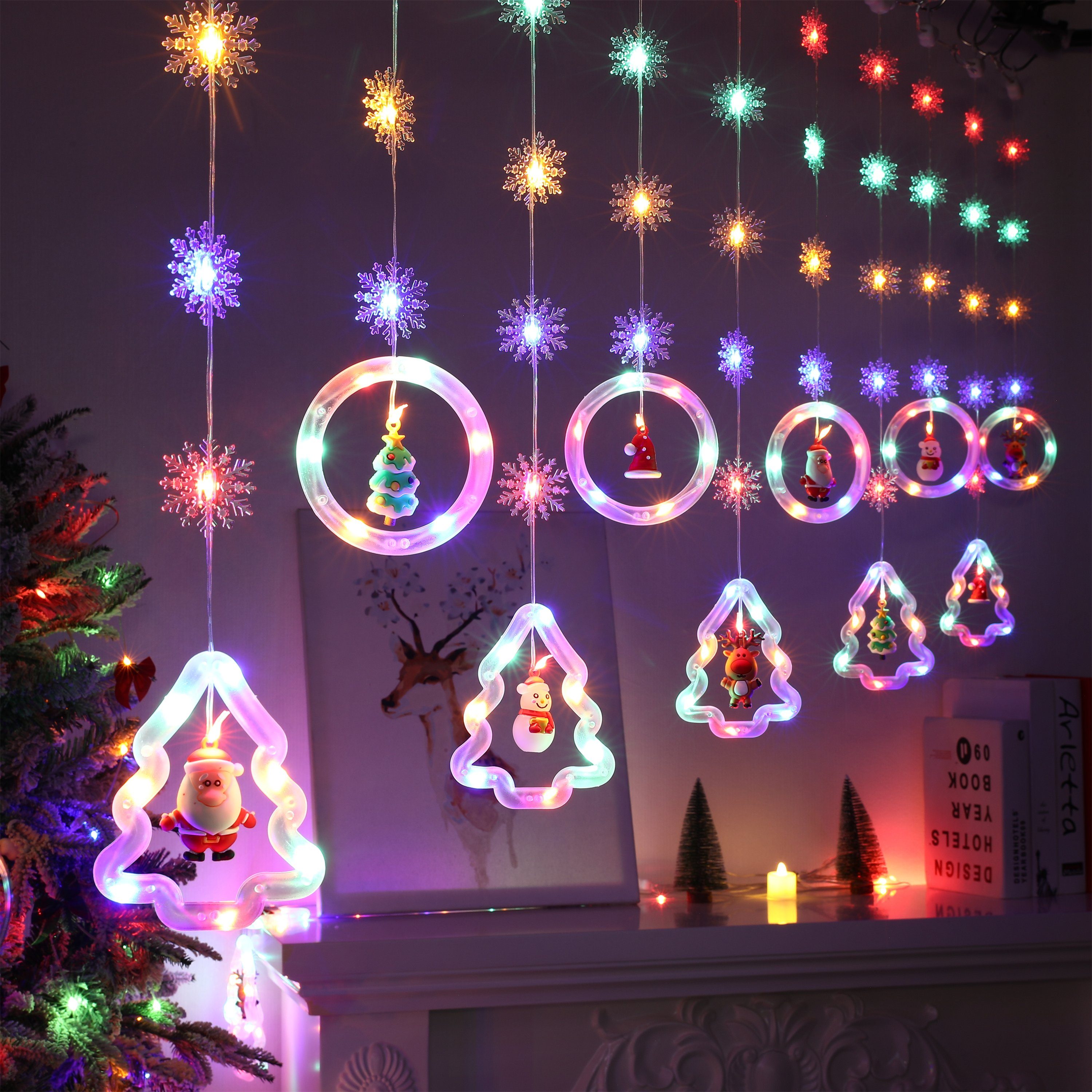 Modi, LED-Lichterkette Lichtervorhang, USB/Batterie mit Weihnachtsdeko, LED 8 Lichterketten Sunicol Sterne Fernsteuerung Schneeflocken Fenster 3M Party Timer Xmas