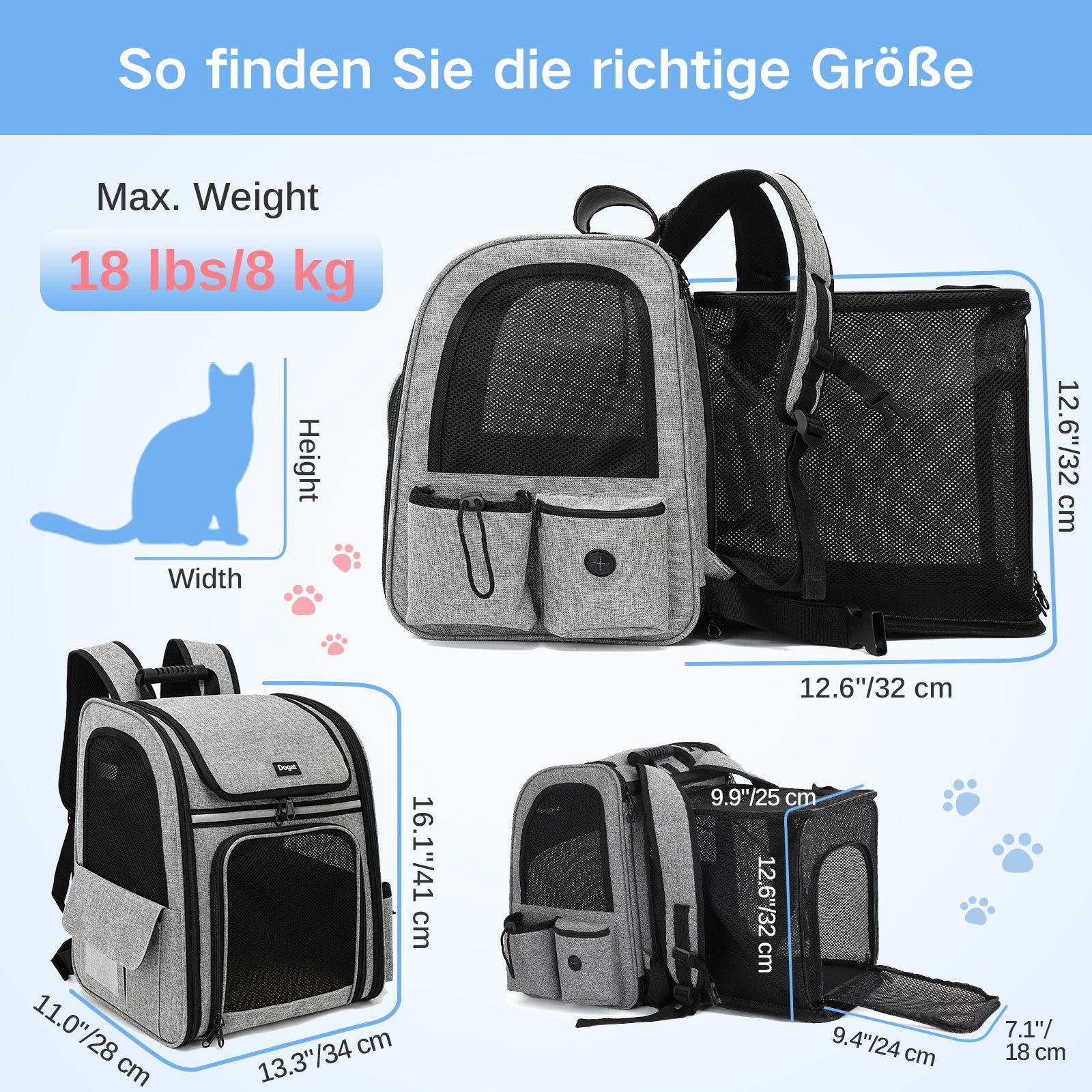 Dogat Tiertransporttasche Tiertransporttasche mit Mesh-Fenstern XXL Katzenrucksack – Faltbar bis 8 kg, BxTxH: 28 x 34 x 41 cm