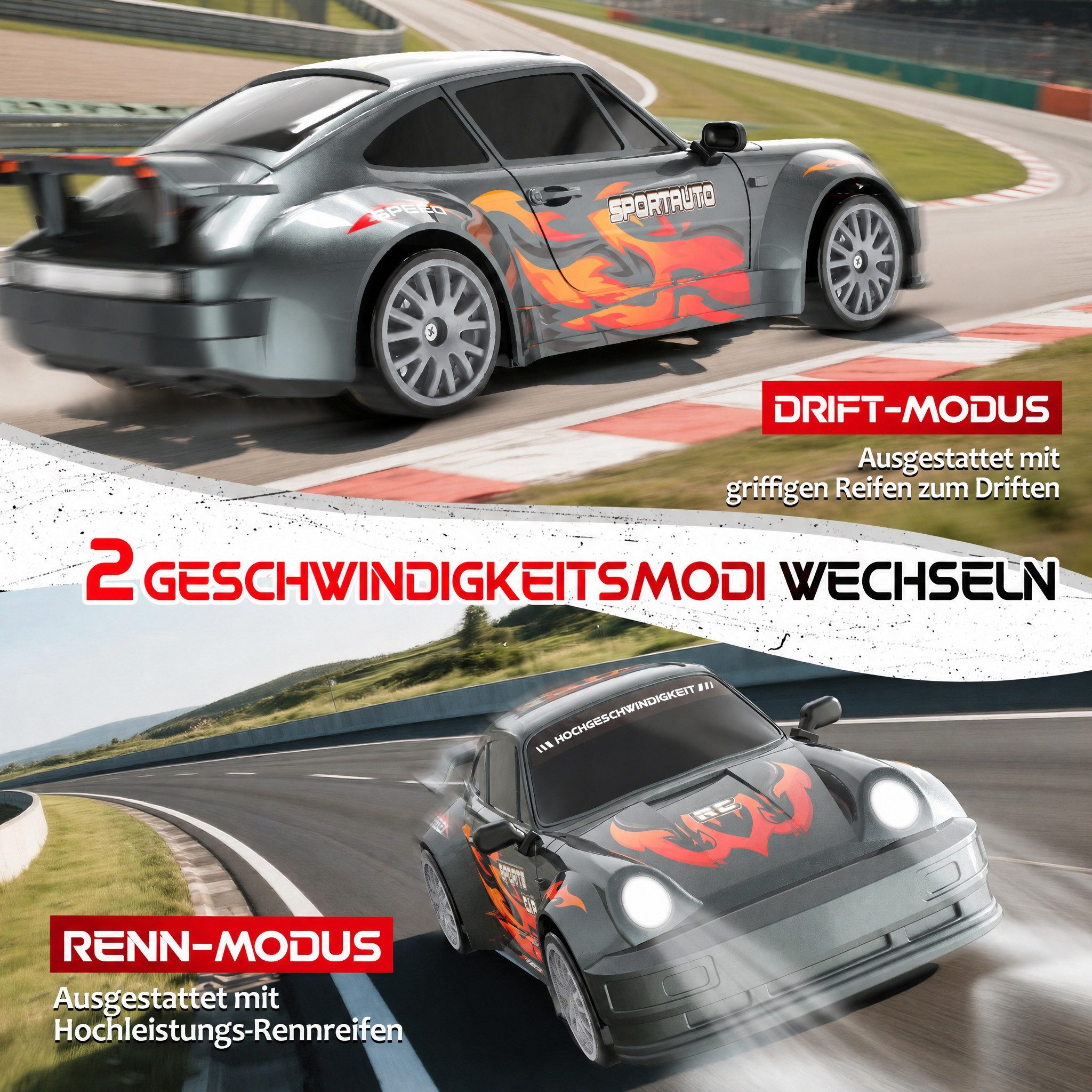 Wootoy RC-Auto RC Drift Car RC-Buggy Ferngesteuertes Auto mit LED-Frontscheinwerfer (2,4-GHz-Fernsteuerung mit mehreren Fahrzeugen gleichzeitig, 1-tlg., 2 Fahrmodi mit austauschbaren Drift- und Rennreifen), deal für Renn- und Driftfans ab 6 Jahren