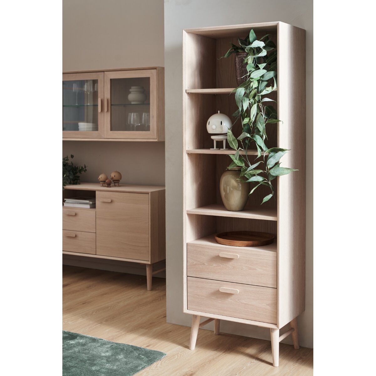 Feeling4Home Bücherregal Otaro 187 cm Eiche Whitewash - 3 Einlegeböden, Soft-Close-Schubladen, Schubladen mit Soft-Close, verstellbare Einlegeböden