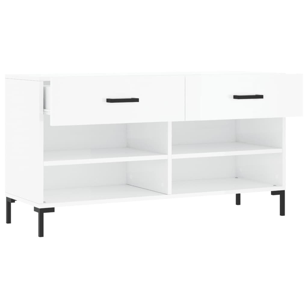 furnicato Schuhbank 102x35x55 cm Hochglanz-Weiß mit Stauraum und Eisenbeinen (1-St), Sitzbank mit 2 Schubladen, 4 Fächern und Wandhalterung für Flur