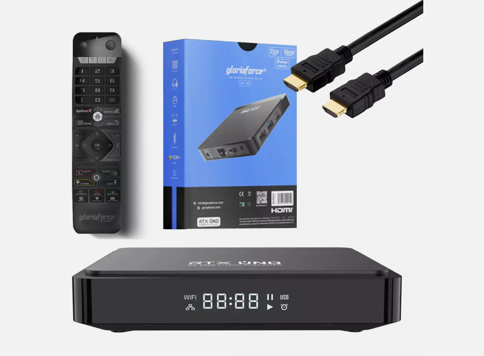 Gloriaforce RTX Uno 4K UHD Android 11 HDR10+, Dual-WiFi, LAN, Bluetooth, MicroSD Netzwerk-Receiver