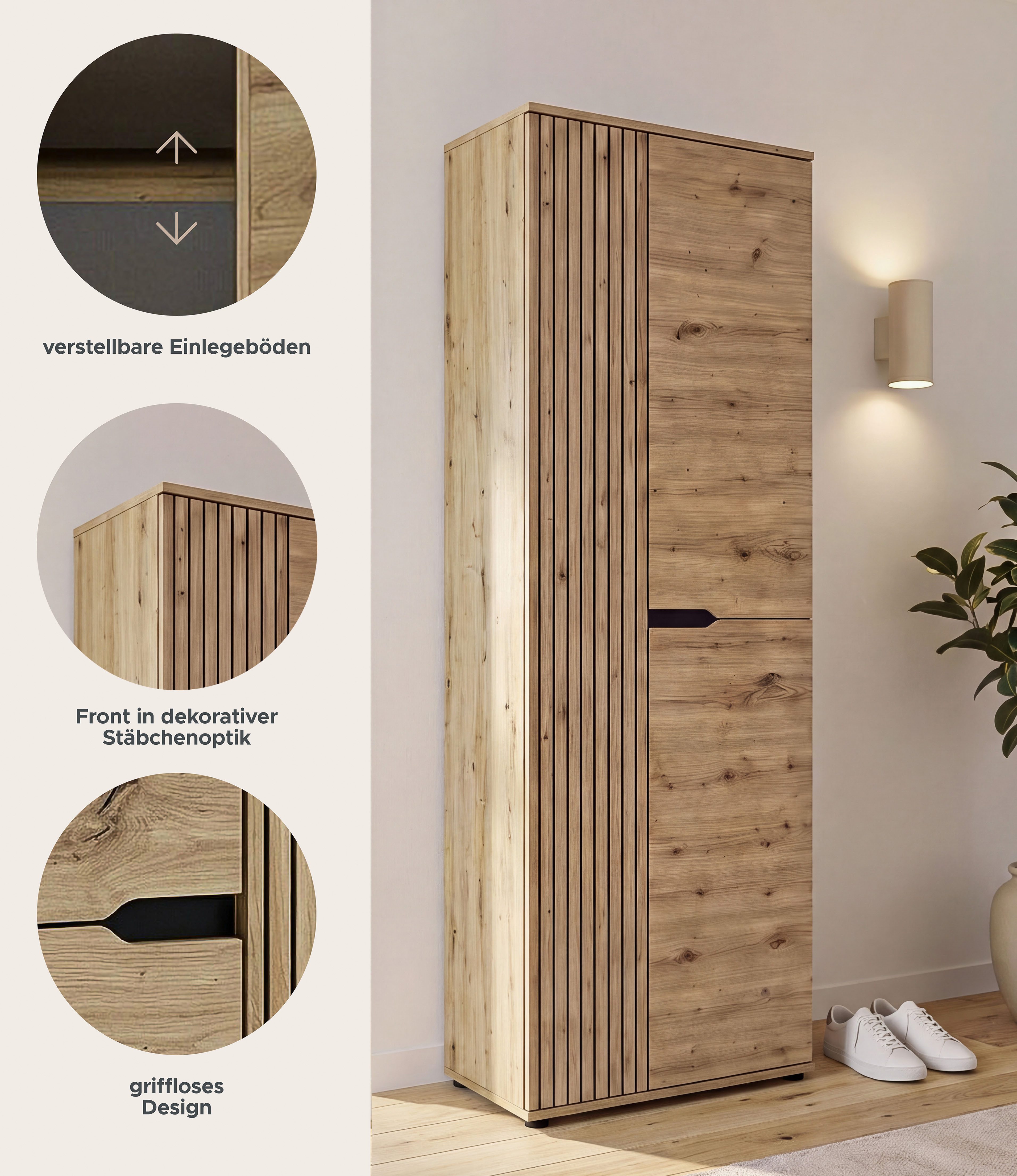 OTTO home Garderobenschrank FJELL, Breite 65cm, 2 Türen, 4 Einlegeböden, 6 Fächer, 1 Kleiderstange (hochwertig verarbeitete Längsfräsung, praktische Griffaussparung) Kleiderschrank, Schrank, Dielenschrank, Flurschrank, Mehrzweckschrank