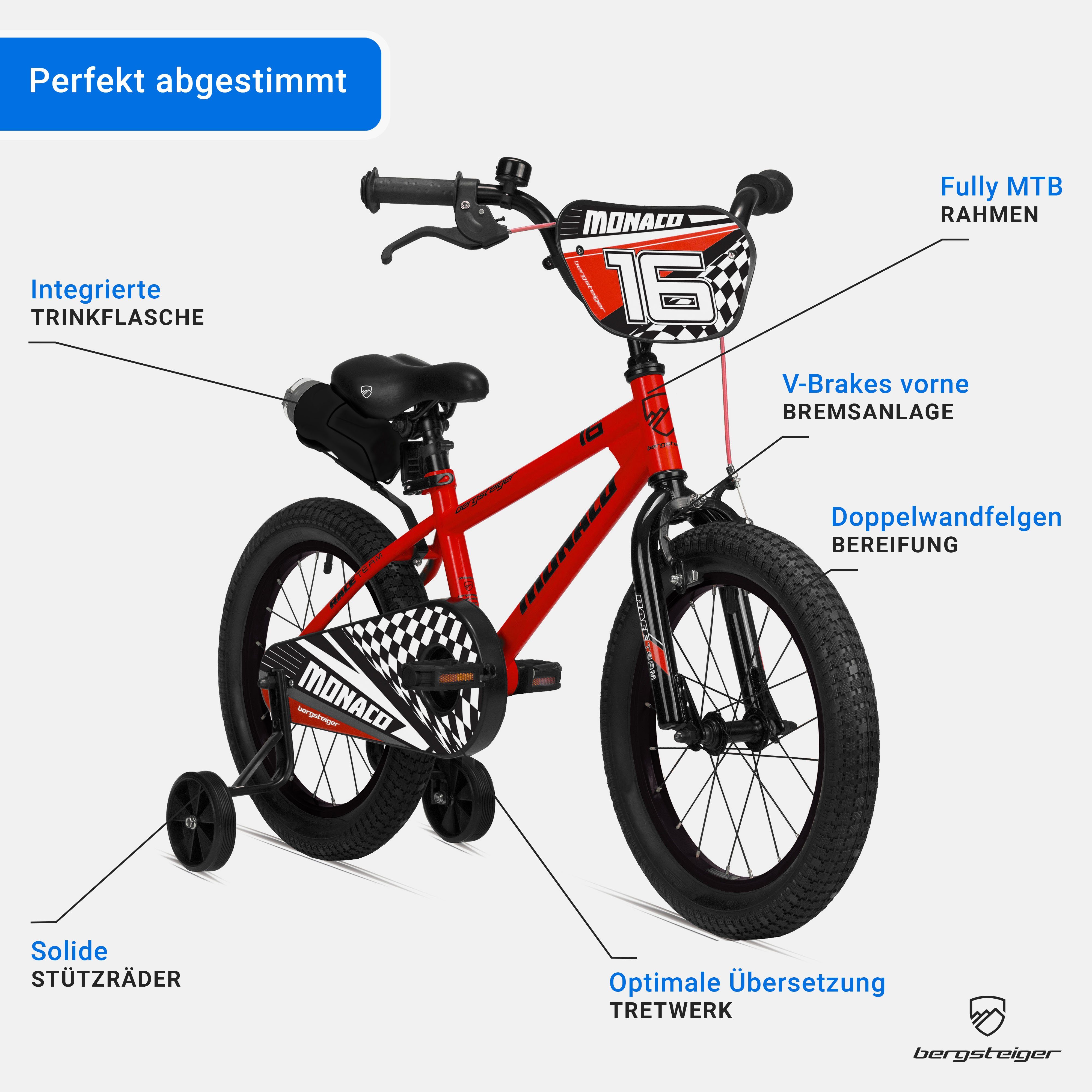 bergsteiger Kinderfahrrad Monaco 16 Zoll, geeignet für 4, 5, 6 Jahre, BMX, 1 Gang, V-Brakes, Trinkflasche – Bild 5 von 5