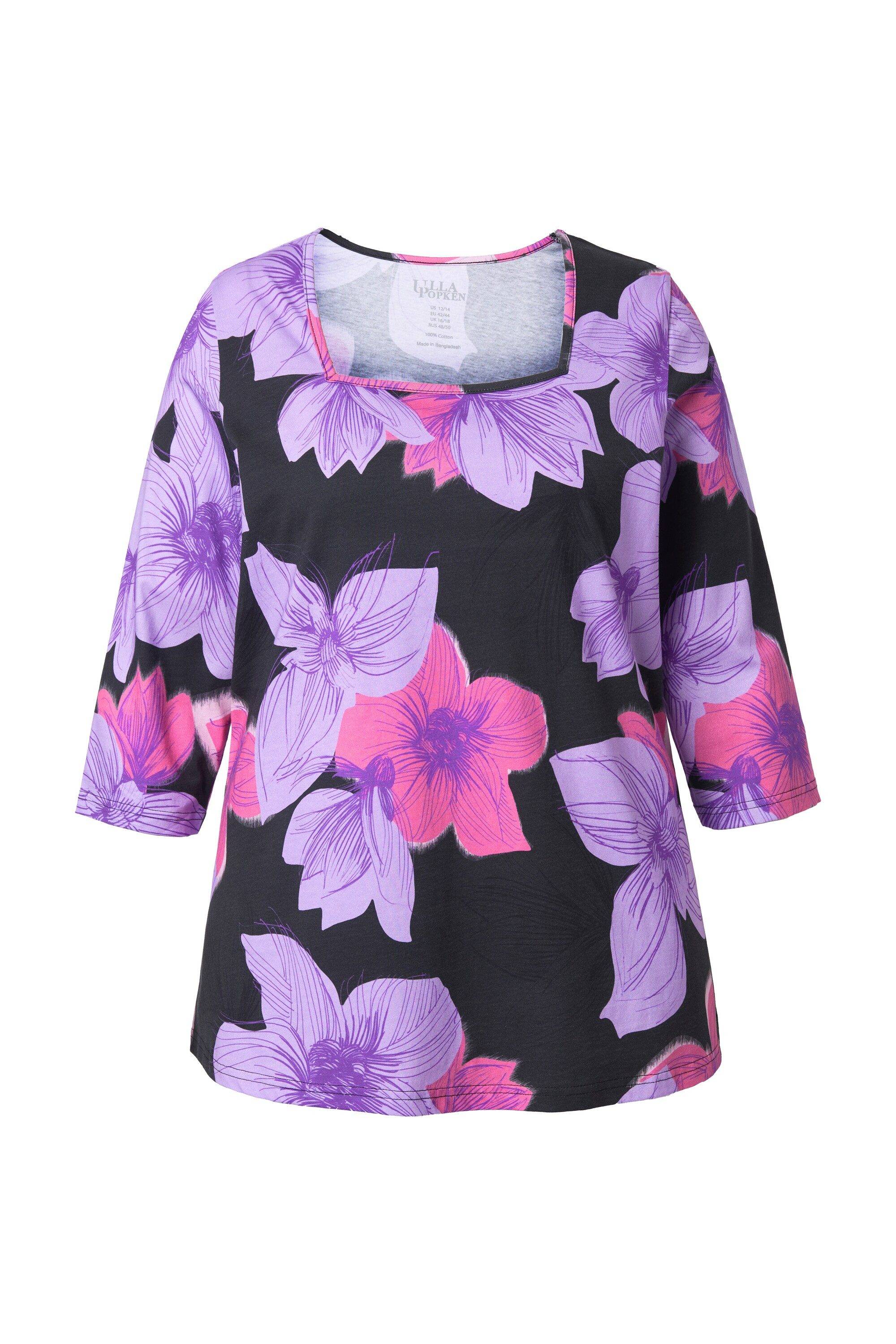 Longshirt Shirt Blüten A-Linie Carré-Ausschnitt 3/4-Arm