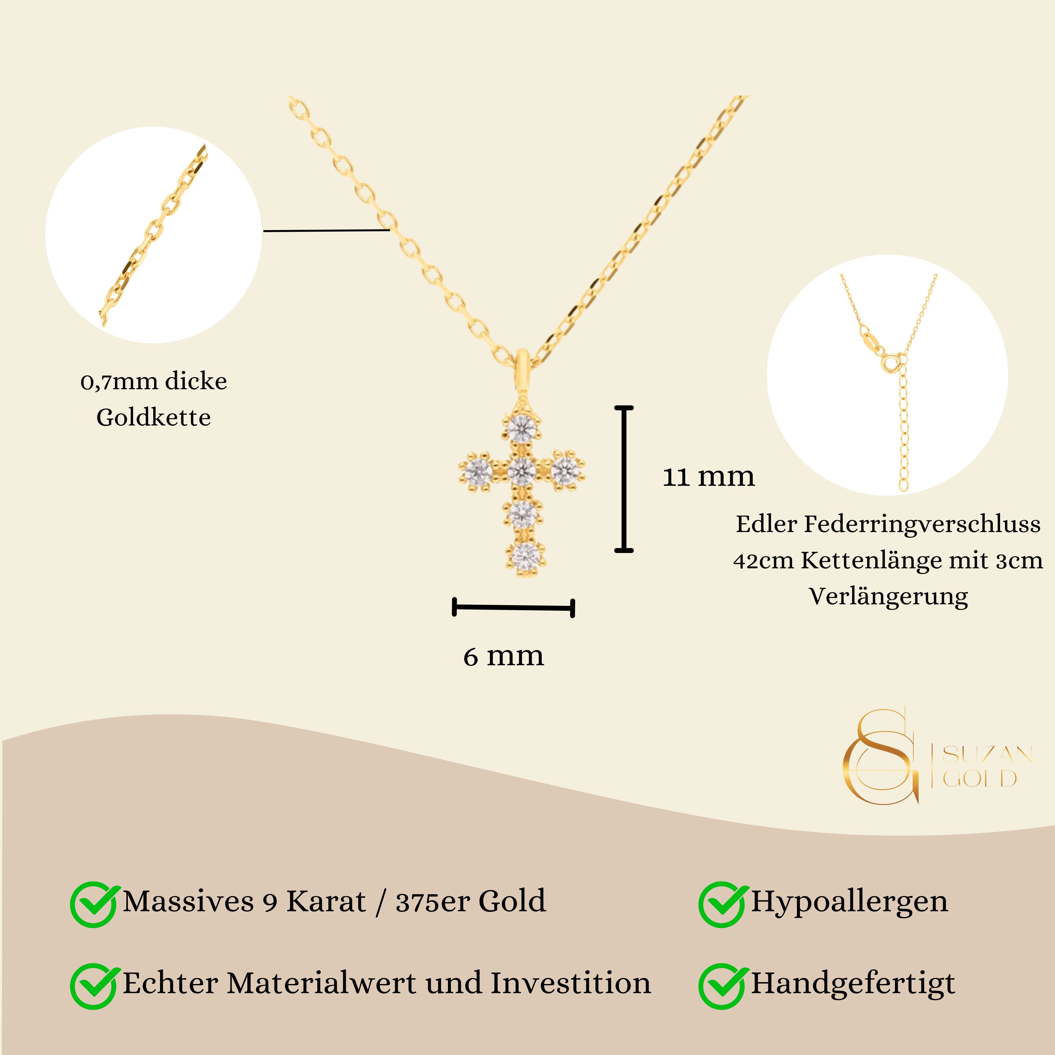 Suzan Gold Kette mit Anhänger 375er Gold Kreuzkette Damen – Zirkonia, spiri günstig online kaufen