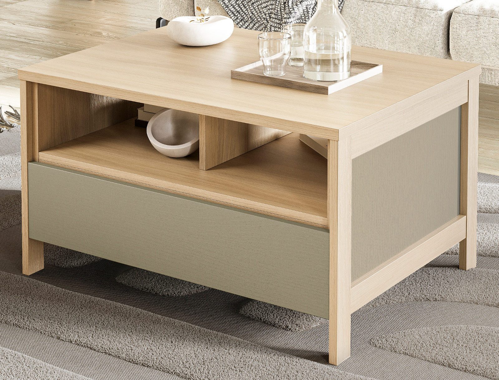 Furn.Design Couchtisch Finnes (Wohnzimmer Tisch in Salbei mit Eiche Natur, 80 x 60 cm), Schublade mit Soft-Close-Funktion