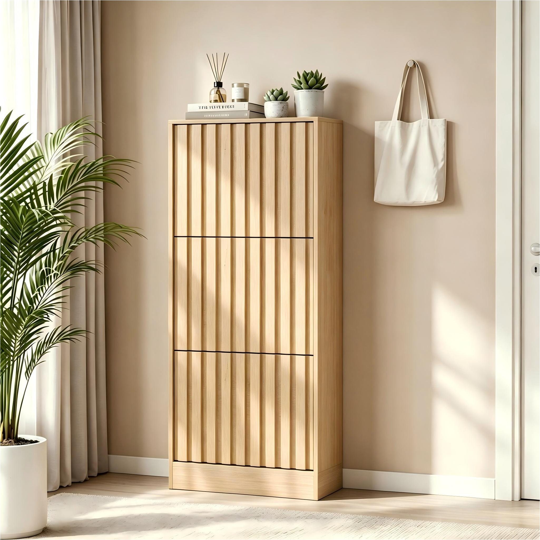 UEV Schuhschrank mit 3 Klappen, Schuhkipper schmal Schuhkommode Verstellbare Trennwände für Verschiedene Schuhtypen 60 * 24 * 122cm