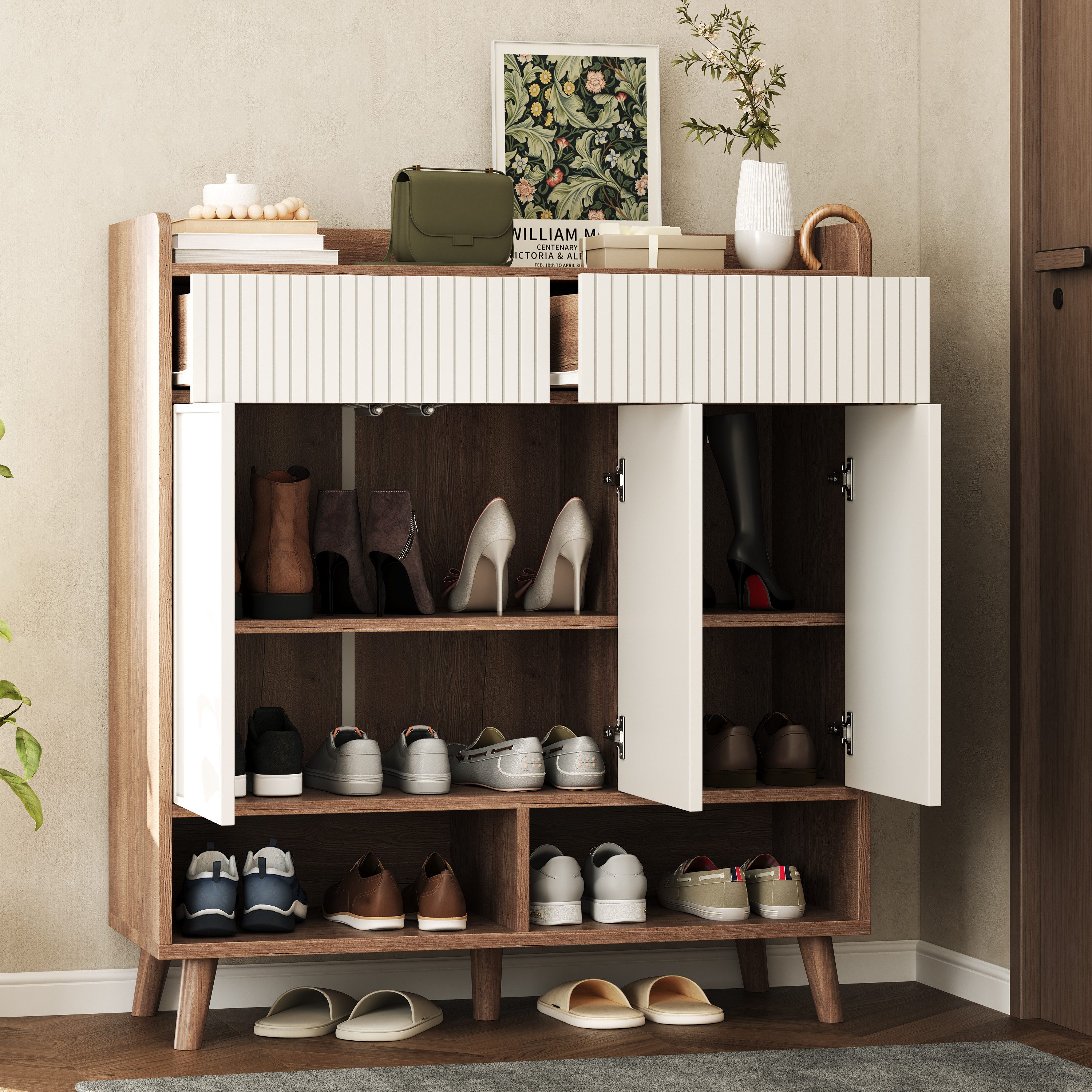 Flieks Schuhschrank mit 2 Schubladen, 3 Türen und 2 offenen Fächern Weiß+Natur (90x35x100 cm, 1-St) Mehrzweckschrank Schuhkommode mit verstellbarer Einlegeböden Holzoptik