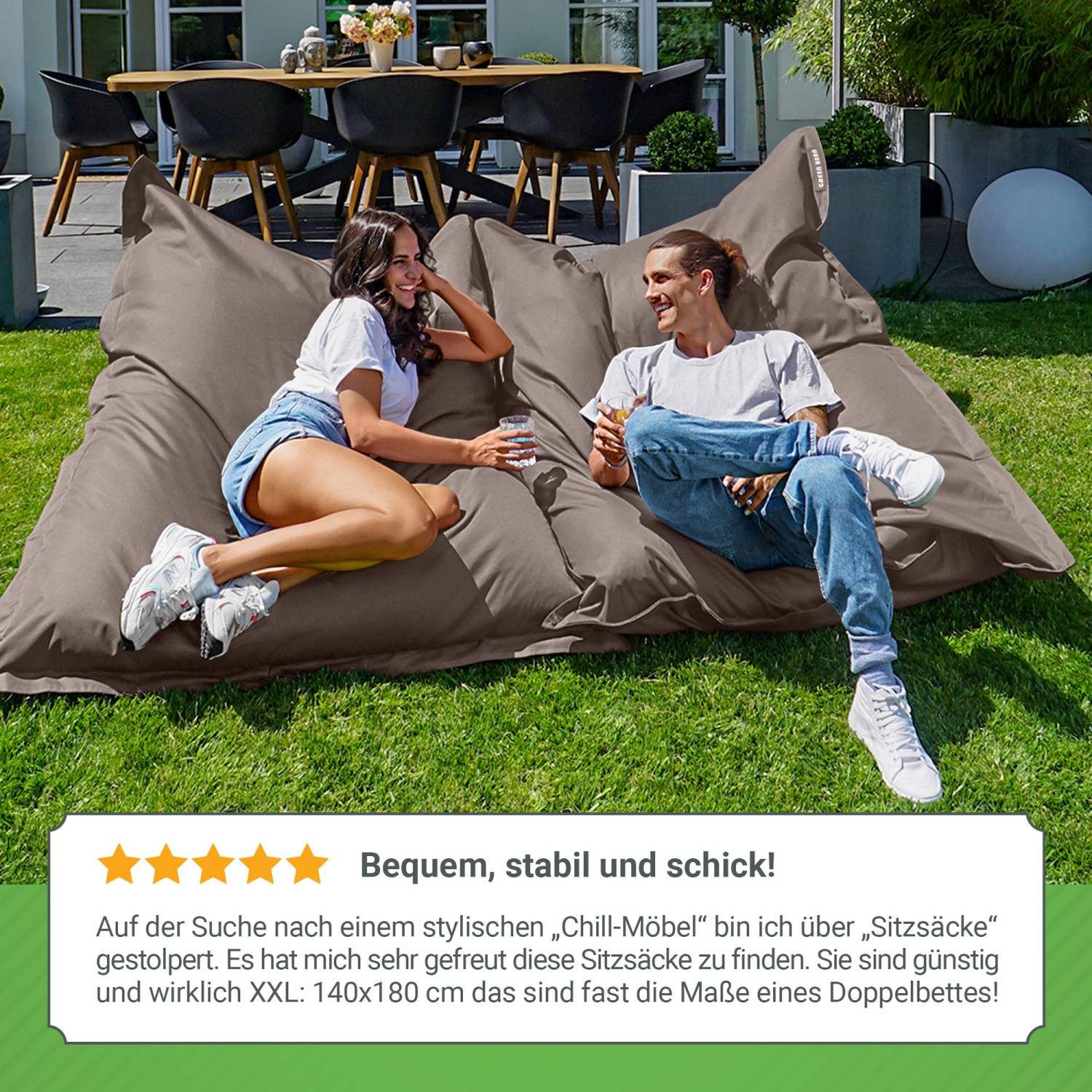 Green Bean Sitzsack XXL Outdoor Sitzsack Square 140x180cm (XXL Riesensitzsack 140x180cm 380 Liter Kinder & Erwachsene Bean Bag EPS Perlen Füllung, Groß Draußen  – Bild 4 von 5