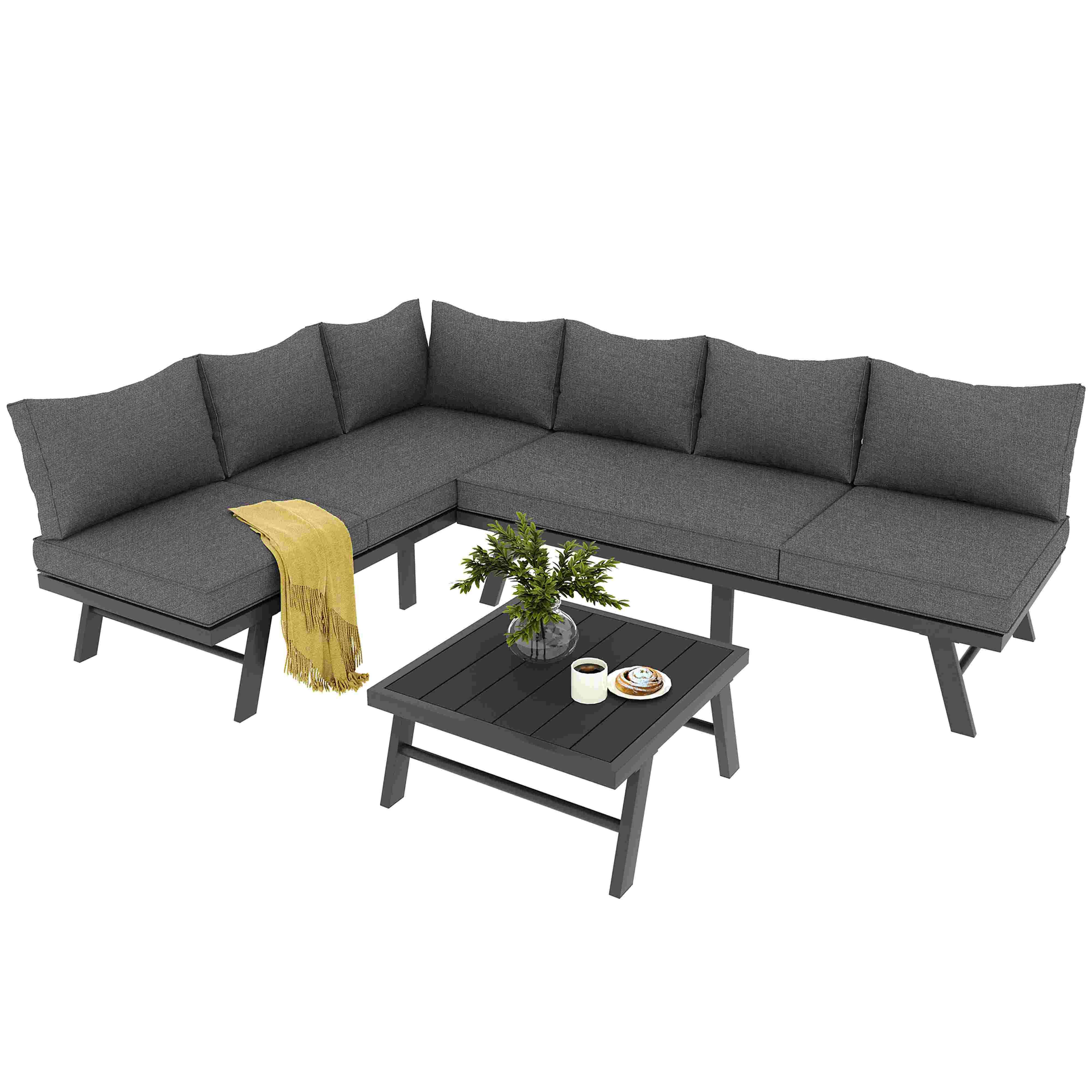 BlingBin Gartenlounge-Set Gartenmöbel-Set, Terrassenmöbel, Loungesessel-Set für 5-6 Personen, (2 3-Sitzer-Sofas, 1 Tisch, Inklusive 7 Grauen Kissen, 3-tlg., Tragendes Gewicht: 150kg/Einzelplatz, 60kg/Tisch), Verzinktes Eisengestell mit Schutzfüßen für Terrasse, Dunkelgrau