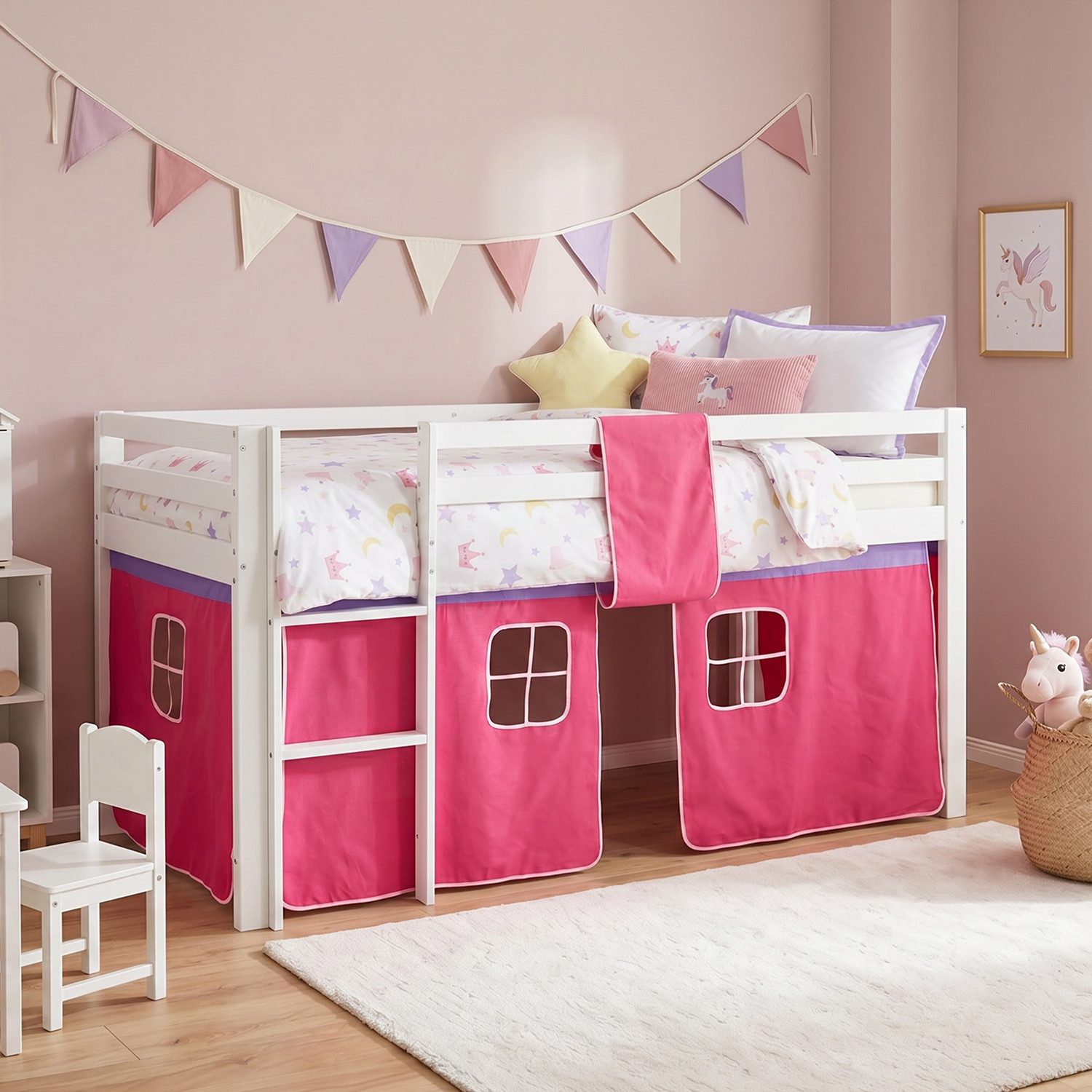 Homestyle4u Hochbett Kinder mit / ohne Matratze mit / ohne Rutsche 90x200 Vorhang Mädchen