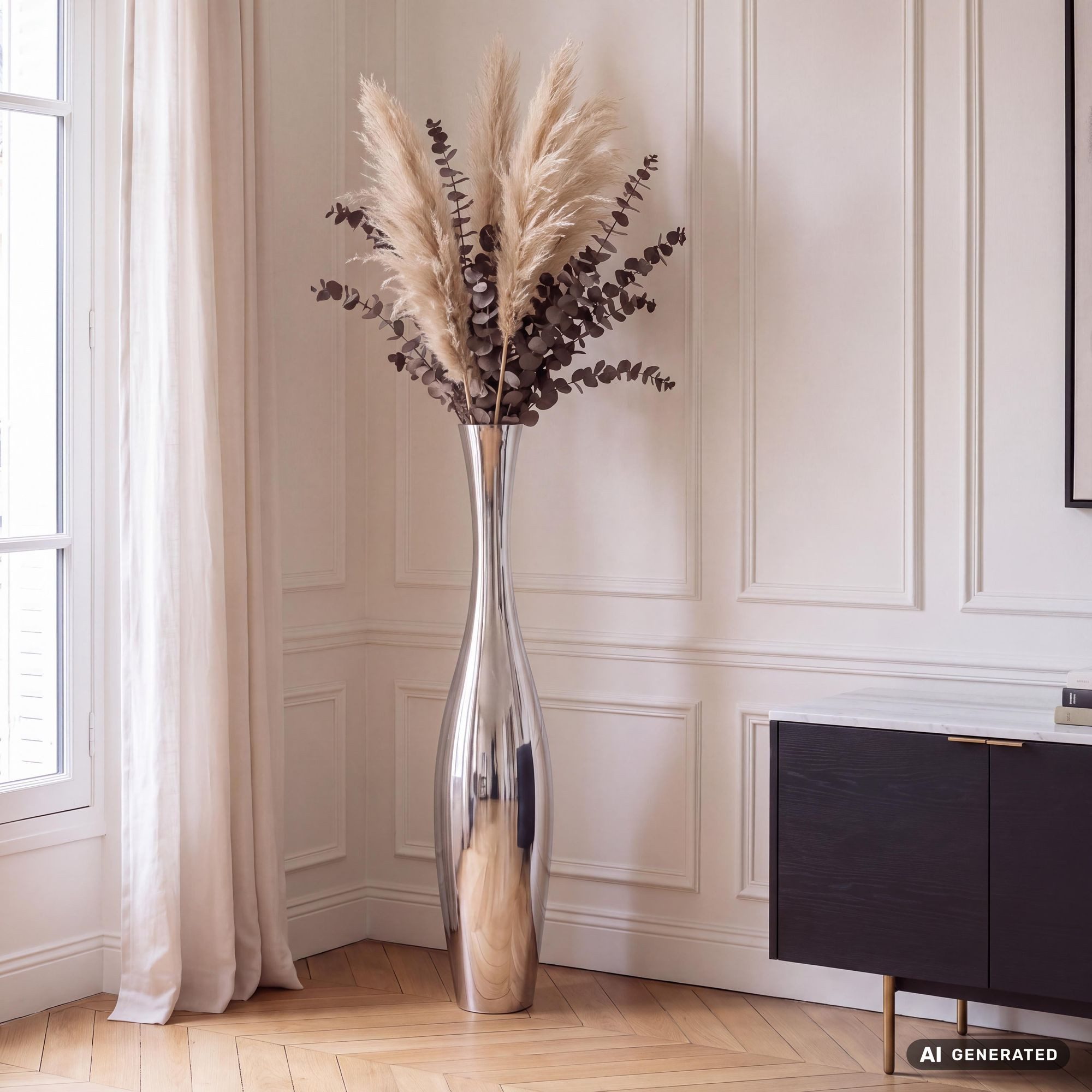 FINEBUY Dekovase SuVa4718_1 Aluminium Blumenvase Alu-Dekoration Wohndeko Farbe silber (BOTTLE L 100 cm Aluminium Silber Glänzend Groß), Hohe Alu Blumenvase Handgefertigt, Vase für Blumen