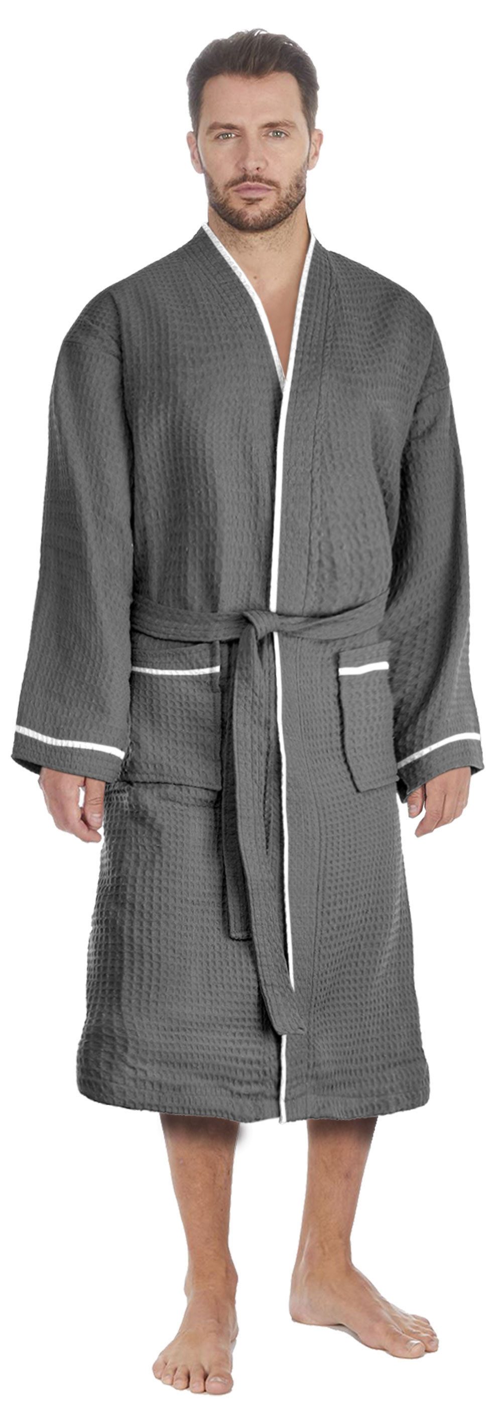 Badekönig Herrenbademantel Waffelpique, Kapuze, Gürtel, Langform Blau 100% günstig online kaufen