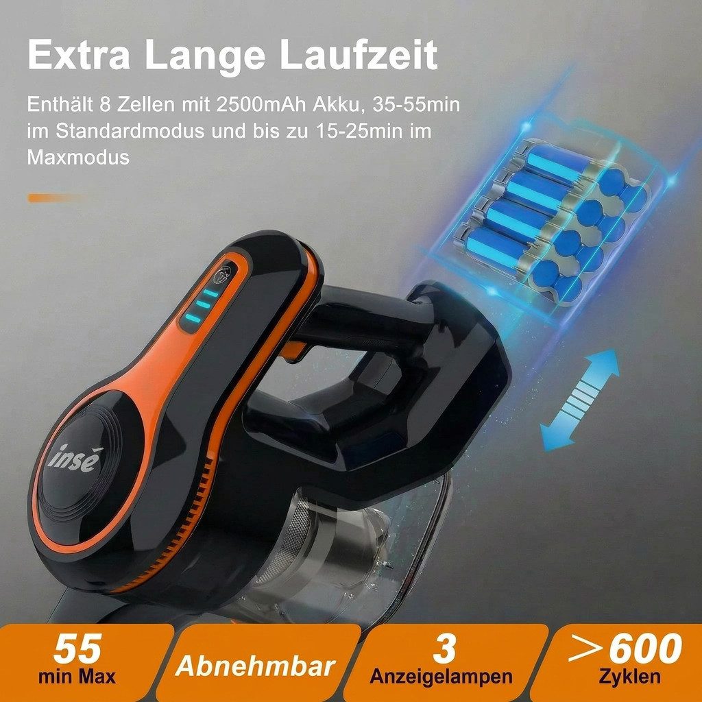 INSE Akku-Hand-und Stielstaubsauger 2026 Neuer Akku Staubsauger 80000 Pa/55 Min/1,2 L Staubsauger Kabellos, mit Beutel, 50dB leise/5-Stufen-Filter/LED Display, Ideal für Böden/Teppiche/Auto