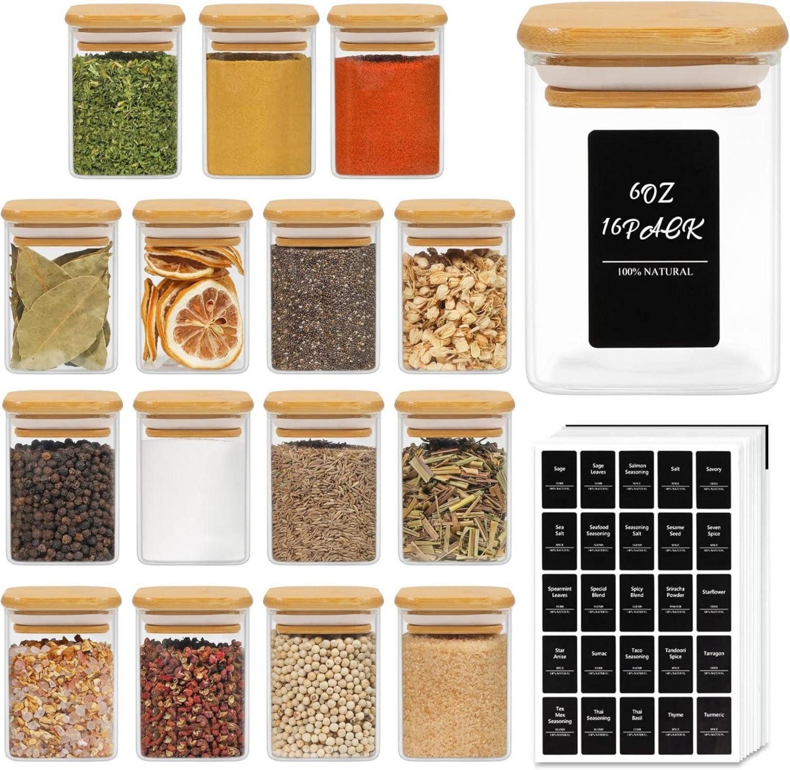Gläser-Set 16er Pack Gewürzdosen Glas Bambusdeckel 170 ml – Eckig Gewürzbehälter