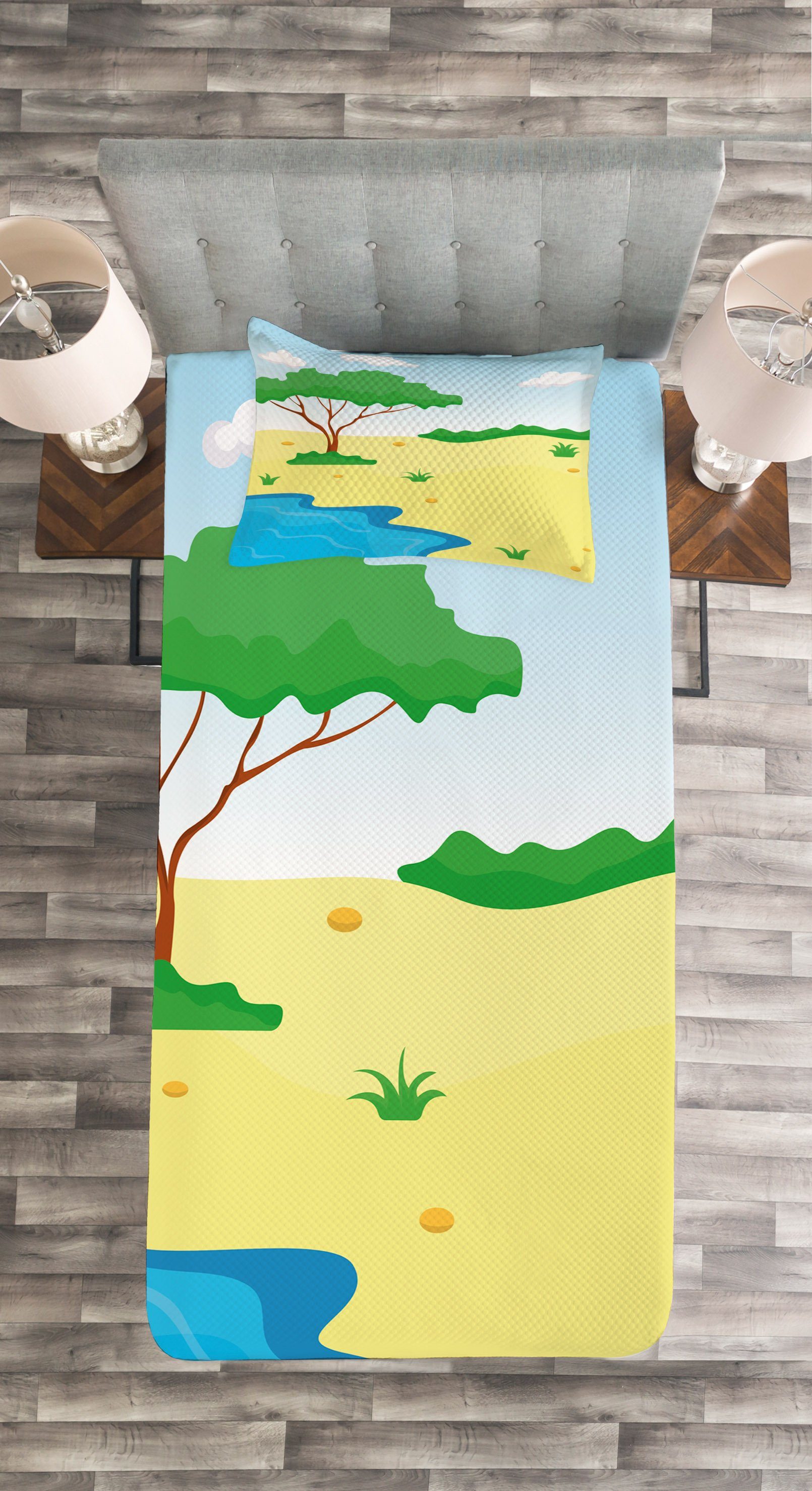 Set Cartoon-Stil Abakuhaus, Tagesdecke Kissenbezügen Strand Waschbar, Kleiner Teich mit