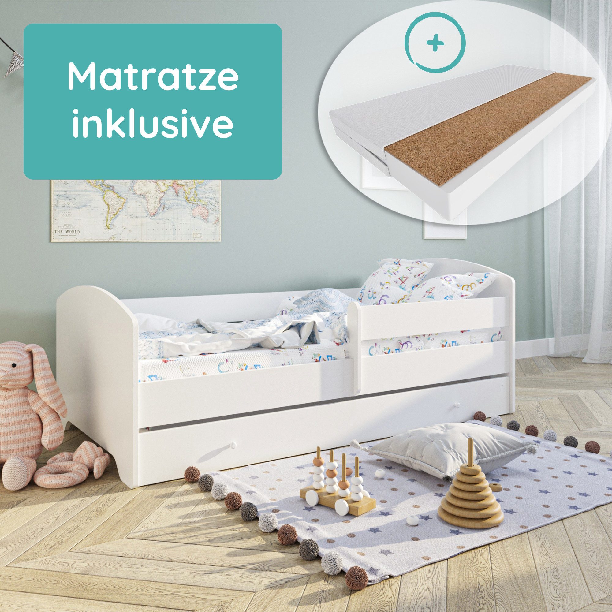 Kids Collective Kinderbett 70x140 / 80x160 cm Komplettset mit Matratze & Schublade (Bett für Jungen und Mädchen, Einzelbett für Kinder von 2 - 10 Jahren), kompl – Bild 5 von 5