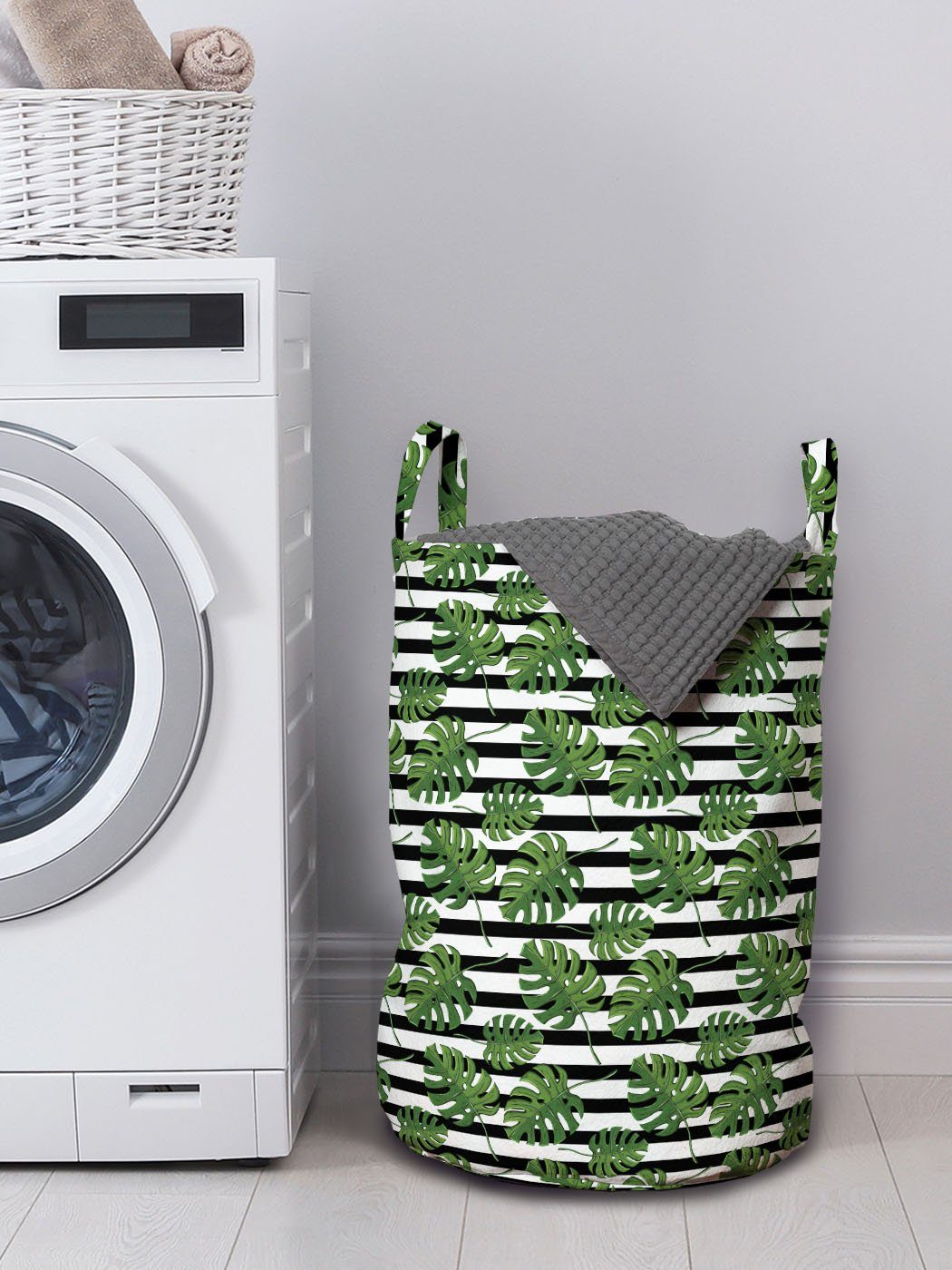 Streifen Kordelzugverschluss Wäschekorb Griffen auf mit Waschsalons, Philodendron Abakuhaus für Blätter Wäschesäckchen