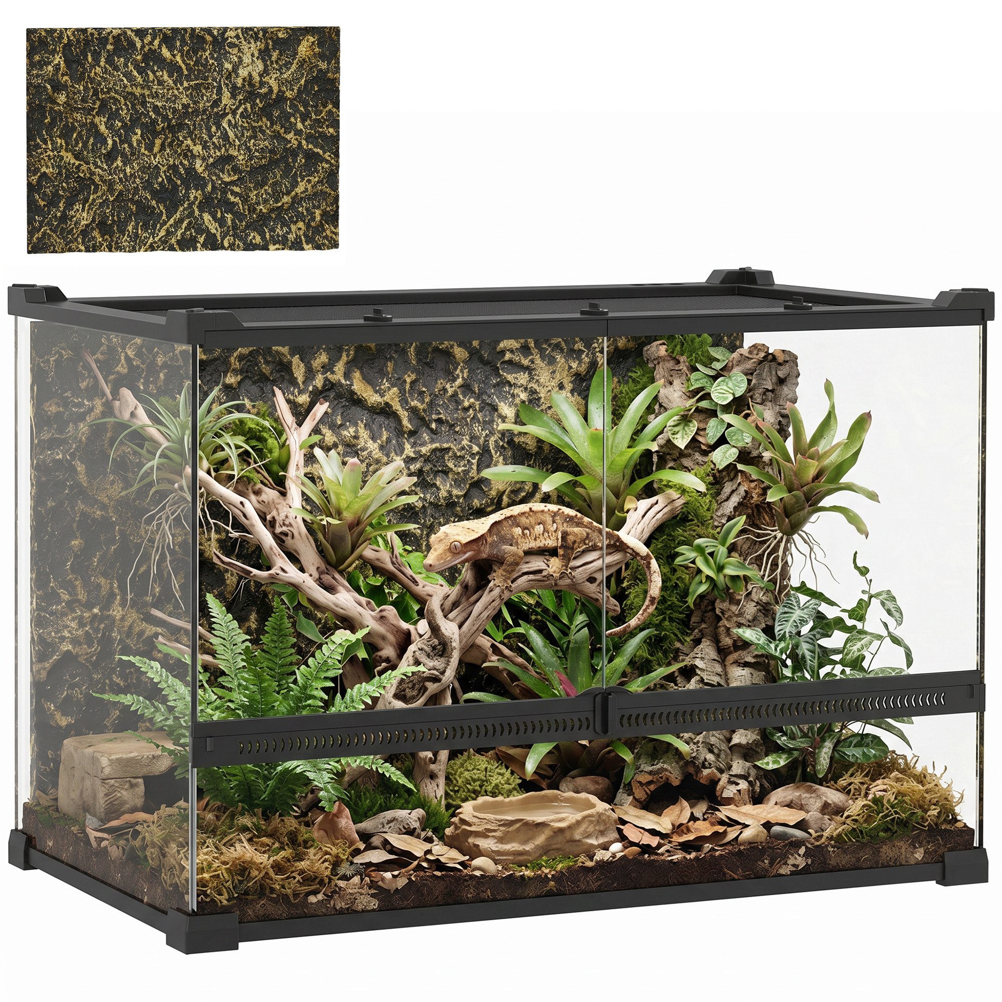 PawHut Terrarium Glasterrarium 48L Fütterungsbox mit Frontbelüftung, für Amphibien, Spinne, Schwarz, 50 x 30 x 35 cm