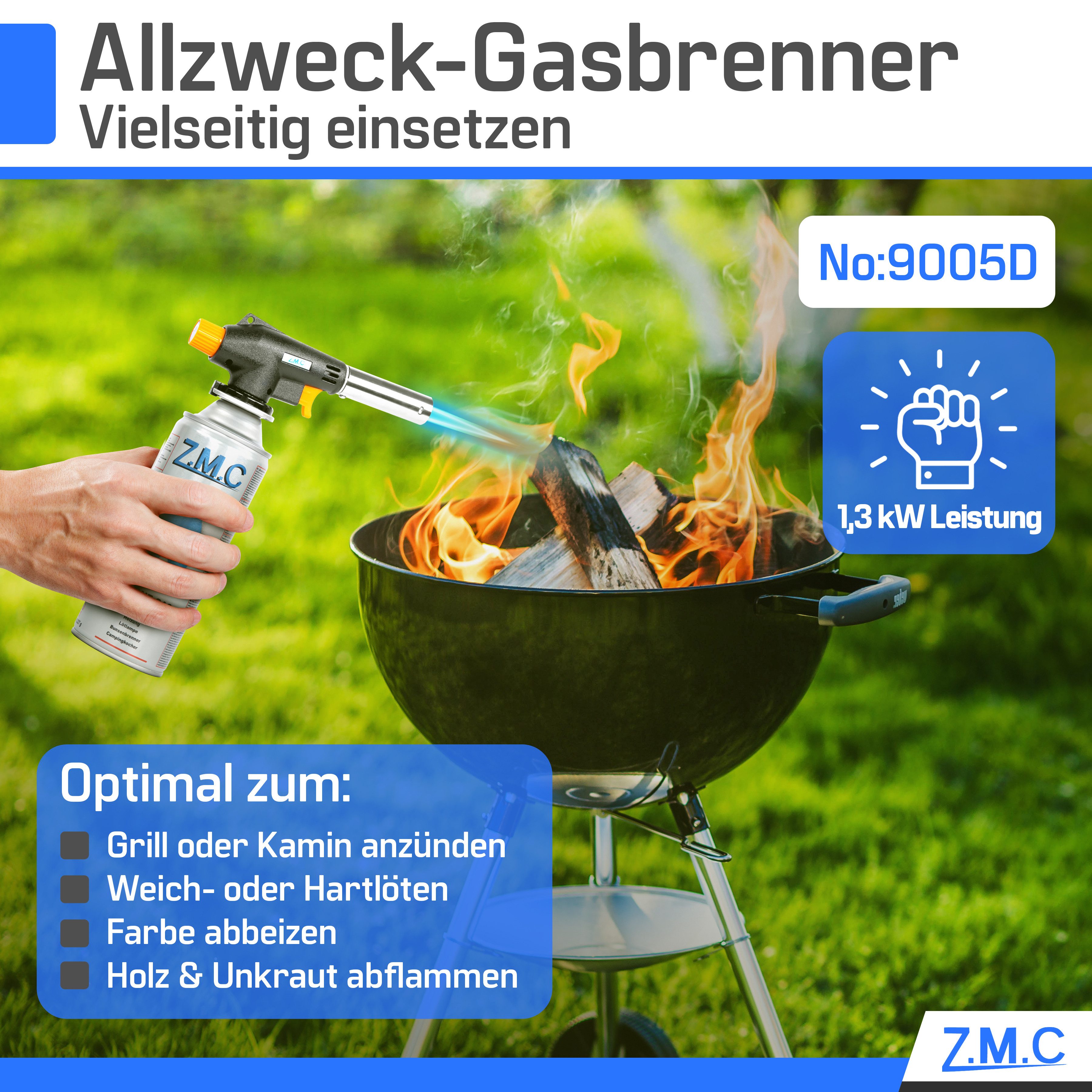 ZMC Flambierbrenner Gasbrenner Gasanzünder Lötbrenner mit Piezozündung + Gaskartuschen, (Temperatur von bis zu 1300 ° C, Einstellbare Flamme, Piezo-Zündung, Kohleanzünder Flambierbrenner Butangasbrenner, 4-tlg), Brenneraufsatz Gasbrenner Flambiergerät Lötbrenner Gasanzünder