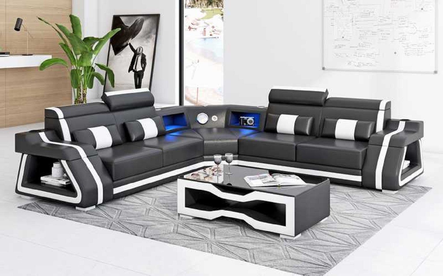 JVmoebel Ecksofa Modern Ecksofa L Form Sofa Couch LED Luxus Design, 3 Teile, Made in Europe Schwarz