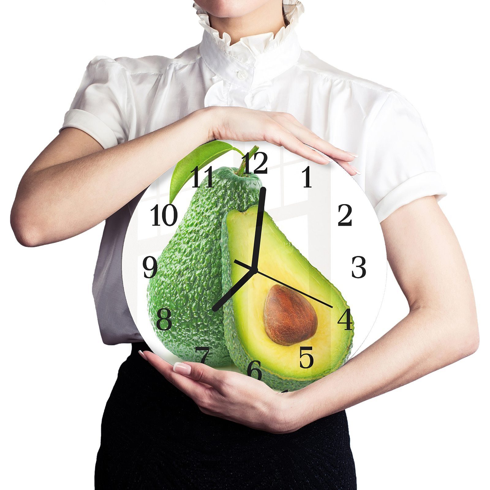 mit mit Wanduhr Geschnittene 30 Motiv Primedeco Rund und Quarzuhrwerk aus Glas Avocado cm - Durchmesser Wanduhr