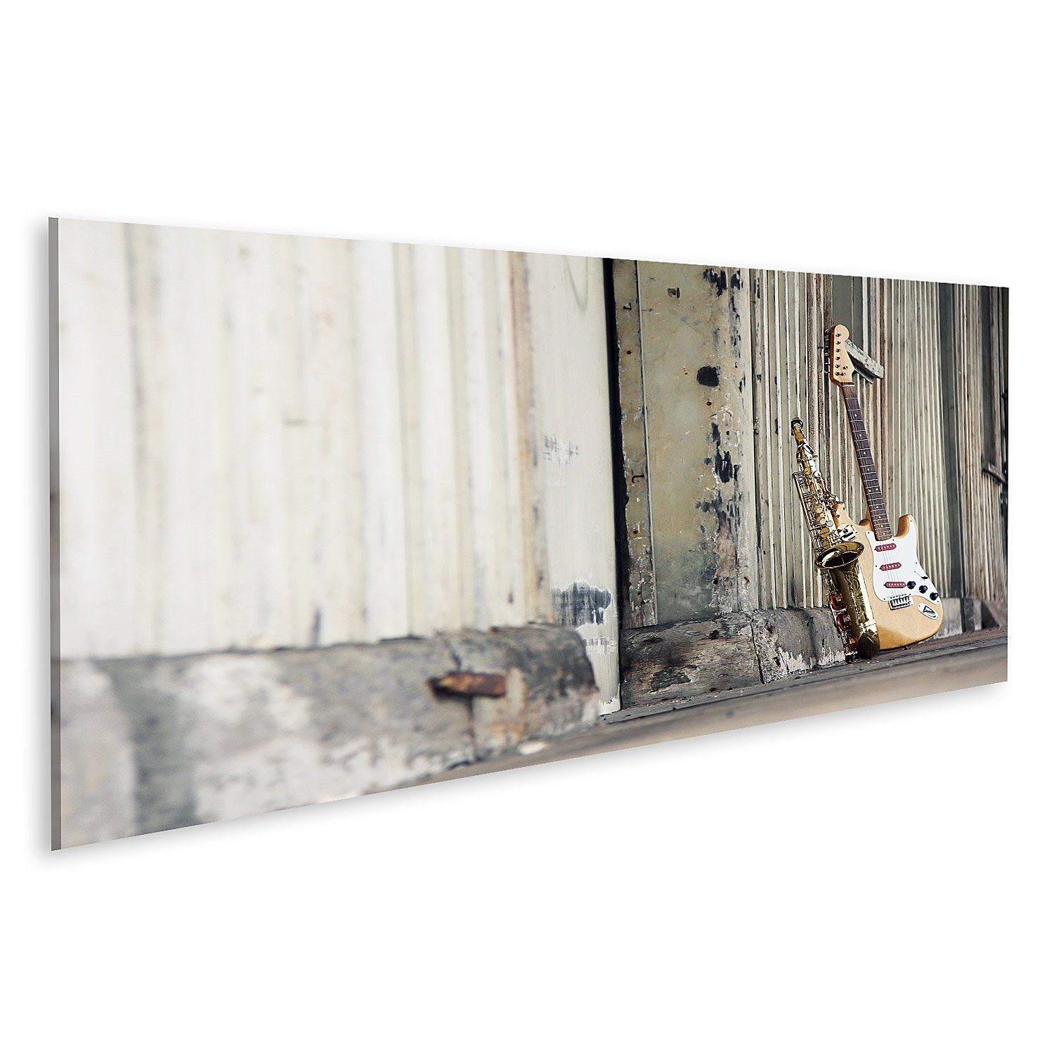 islandburner Leinwandbild Bild auf Leinwand Saxophon Mit Alter Retro Gitarre 120x40cm Panorama