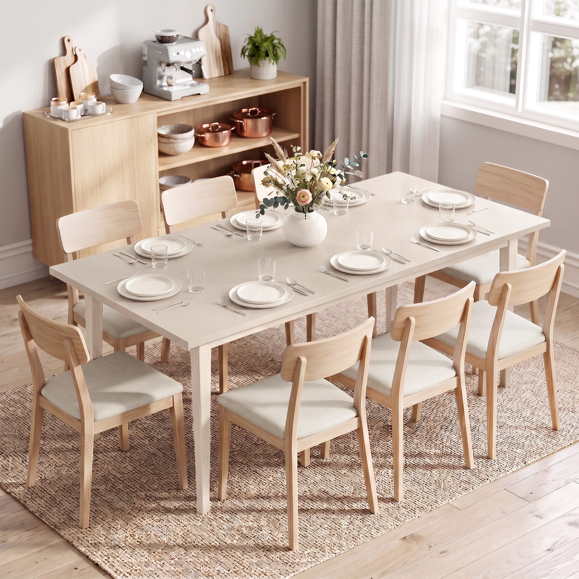 HOMCOM Esstisch Rechteckiger Küchentisch für 8 Personen (nicht anwendbar, 1-St., 1 Tisch), Für 8 Personen, stabile Massivholzbeine, creme