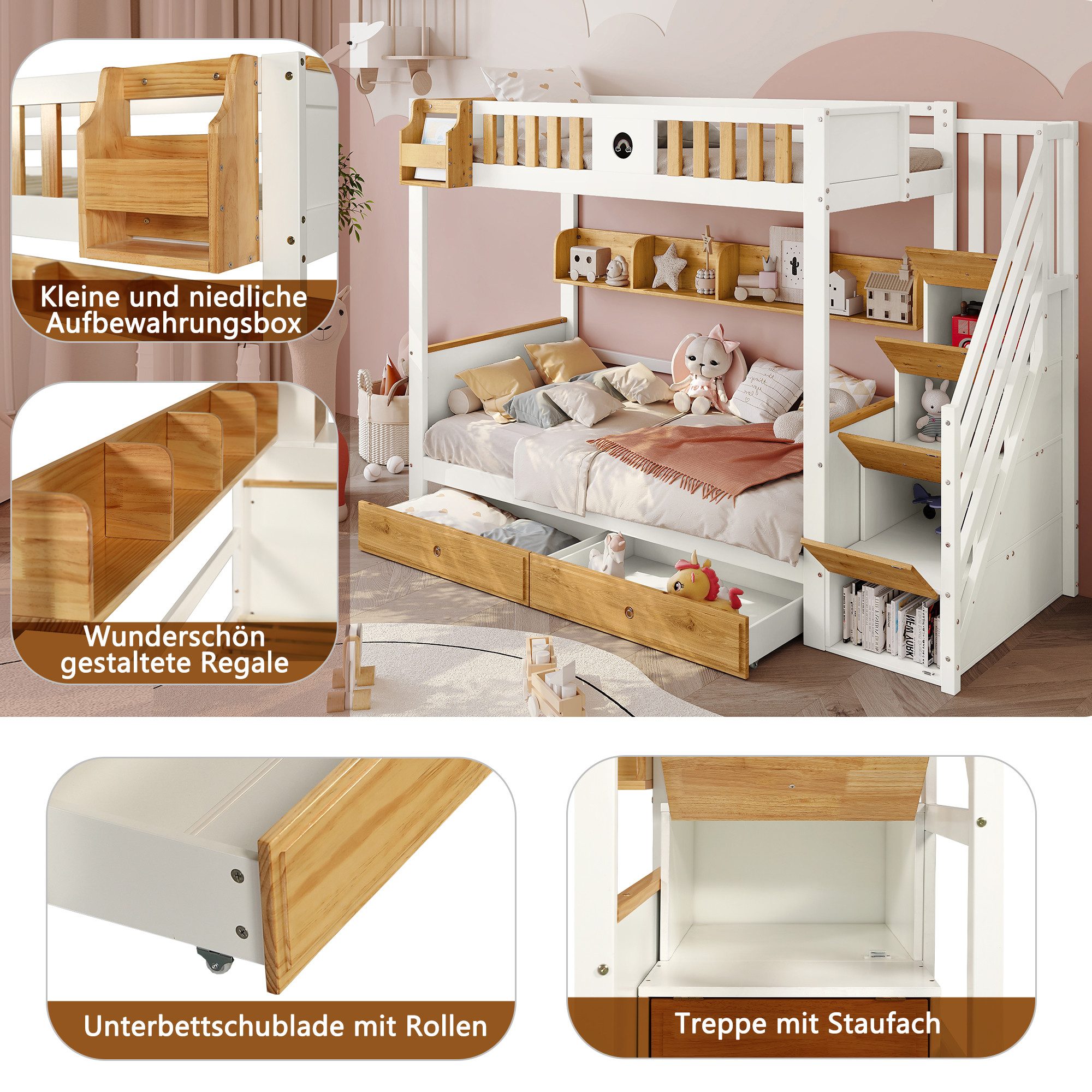 Flieks Etagenbett, Massivholz Kinderbett mit Stauraumtreppe und 2 Schublade günstig online kaufen