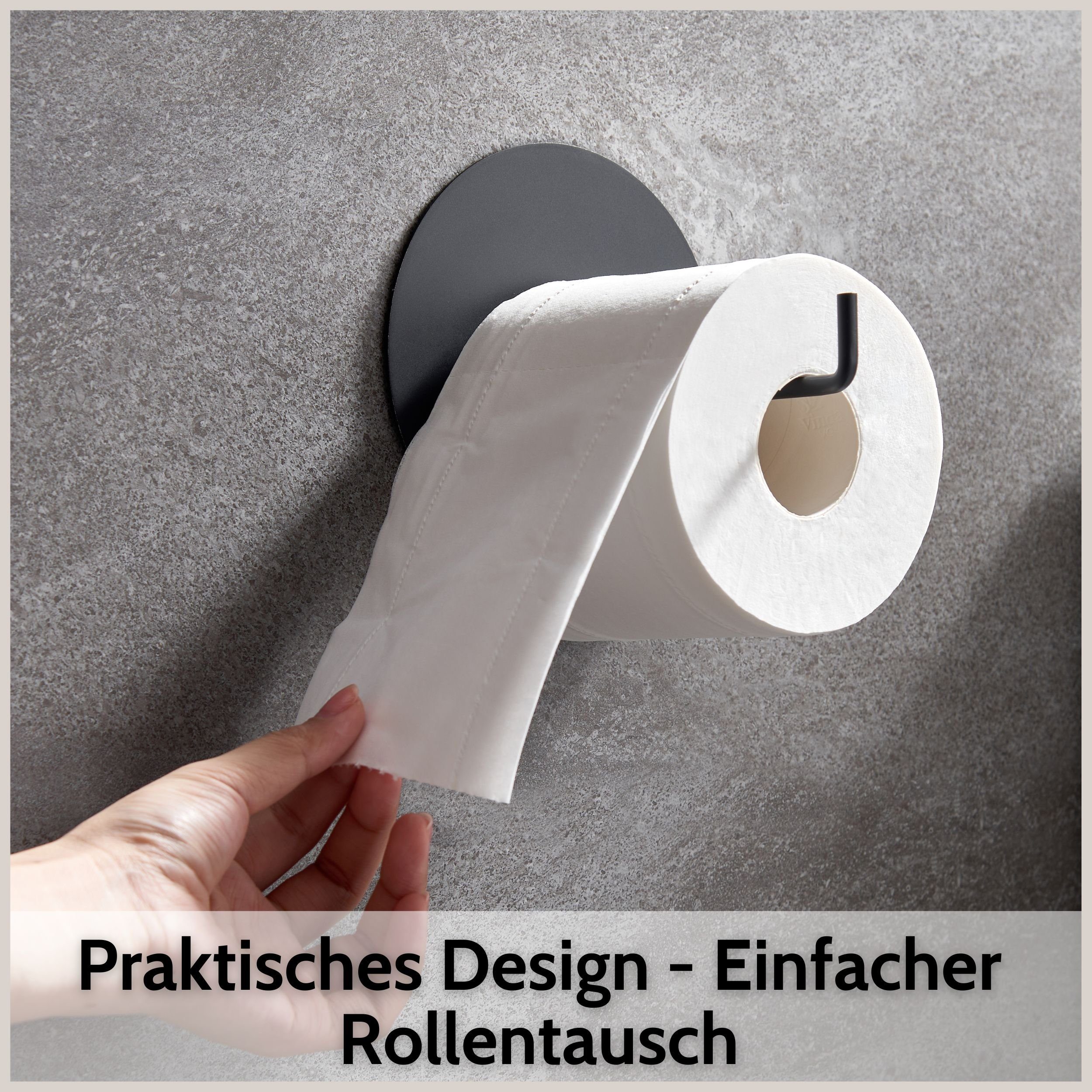 DEKAZIA Toilettenpapierhalter, Rostfreier Edelstahl, ohne Bohren, Besonderes schwarz-matt selbstklebend, Design