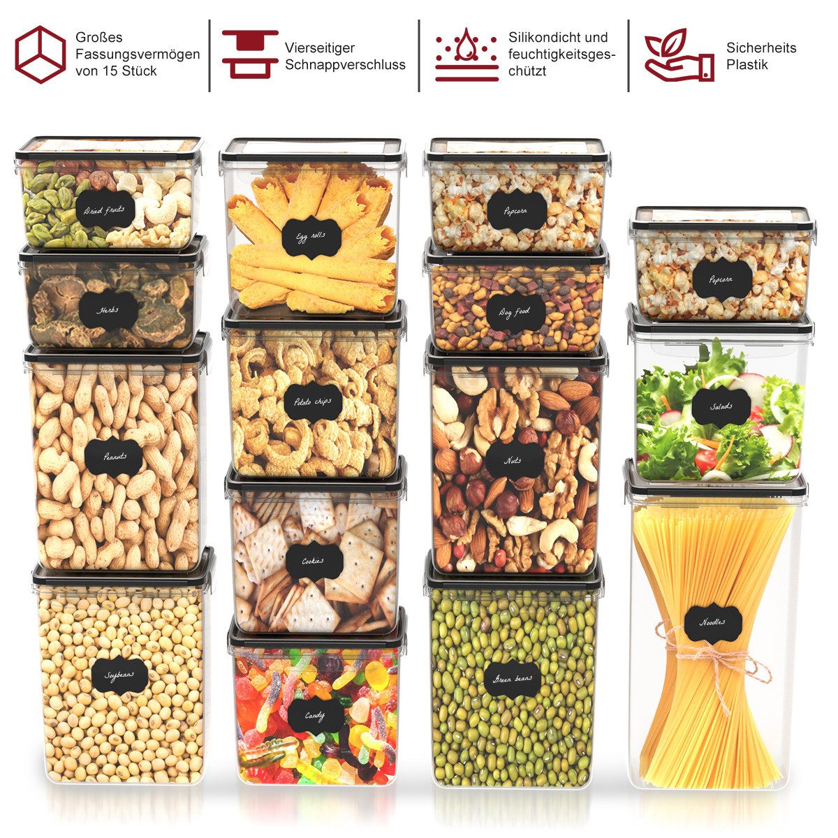 Simloveve Vorratsdose Vorratsdosen mit Deckel Luftdicht, BPA-frei Organizer Küche, Polyprophylen (PP), (22-tlg., Set inkl. Etiketten), Aufbewahrungsbox Küche 0,8/1,4/2,0/2,8L, für Mehl, Müsli, Zucker