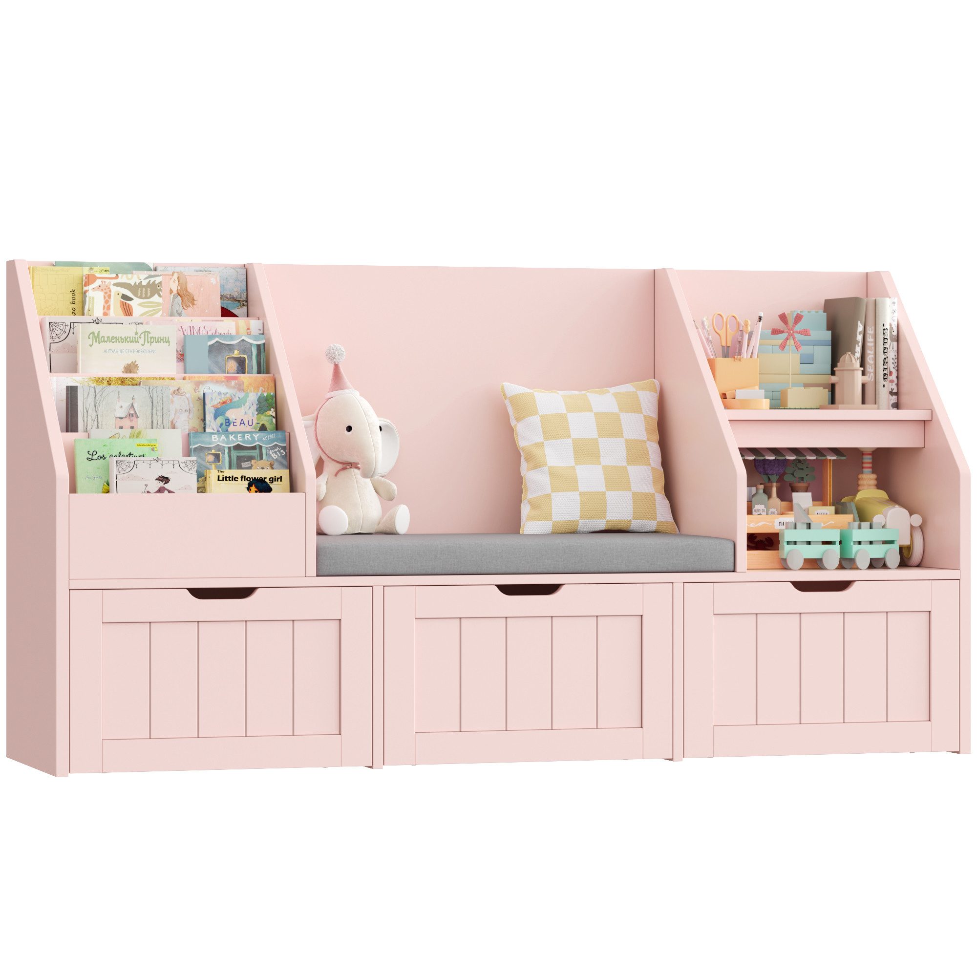Homfa Kinderregal Sitzbank für Kinder mit 3 Schubladen auf Räder 140x80x39,5 cm, Spielzeugregal mit 2 offenen Fächern Kinderregal mit Bücherregal