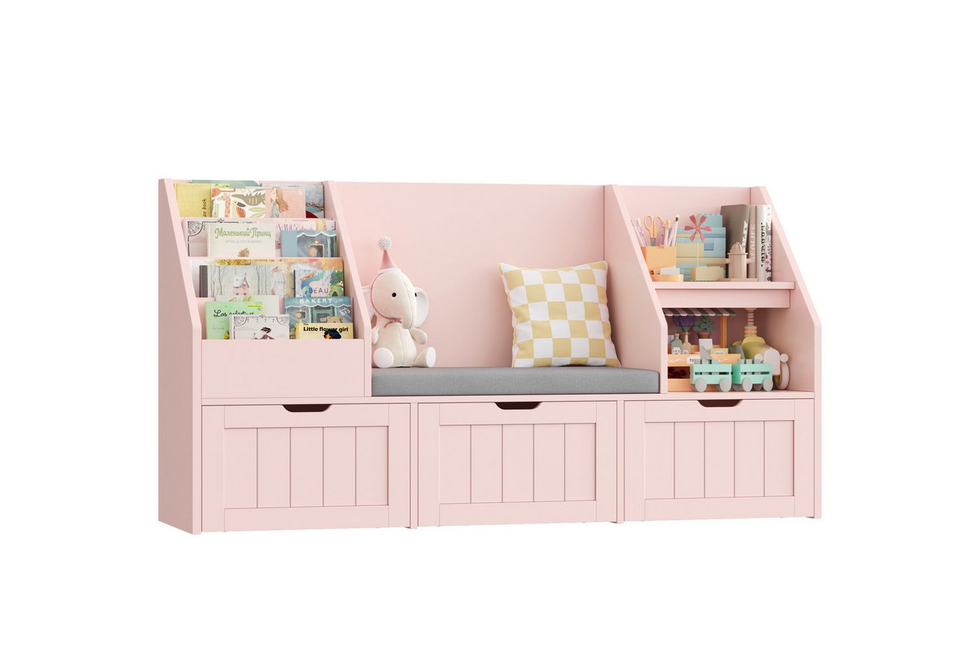 Homfa Kinderregal Sitzbank für Kinder mit 3 Schubladen auf Räder 140x80x39,5 cm, Spielzeugregal mit 2 offenen Fächern Kinderregal mit Bücherregal