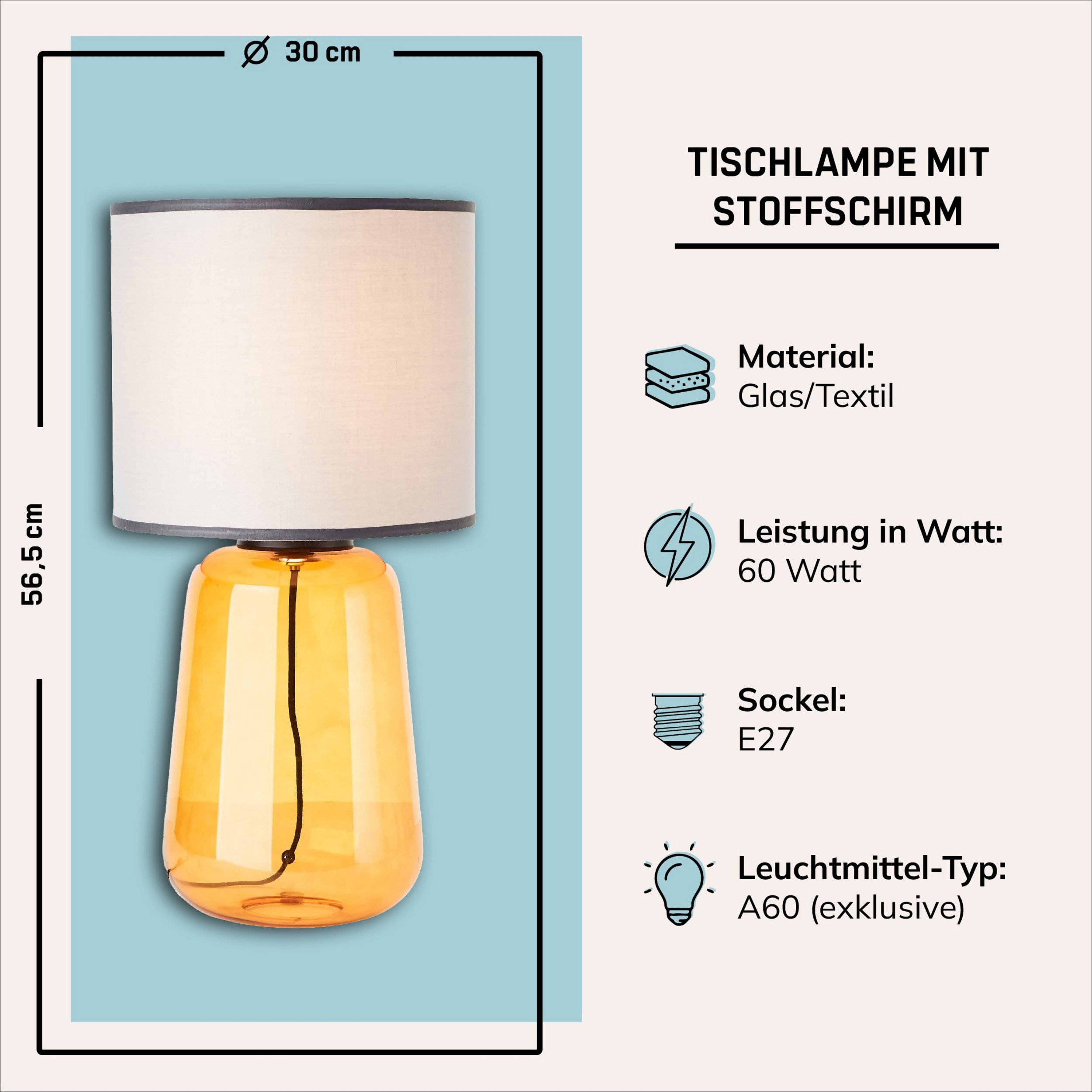 Lightbox Tischleuchte, ohne Leuchtmittel, Tischlampe, 56 cm Höhe, Ø 30 cm, Schalter, E27, 60 W, Glas/Stoff