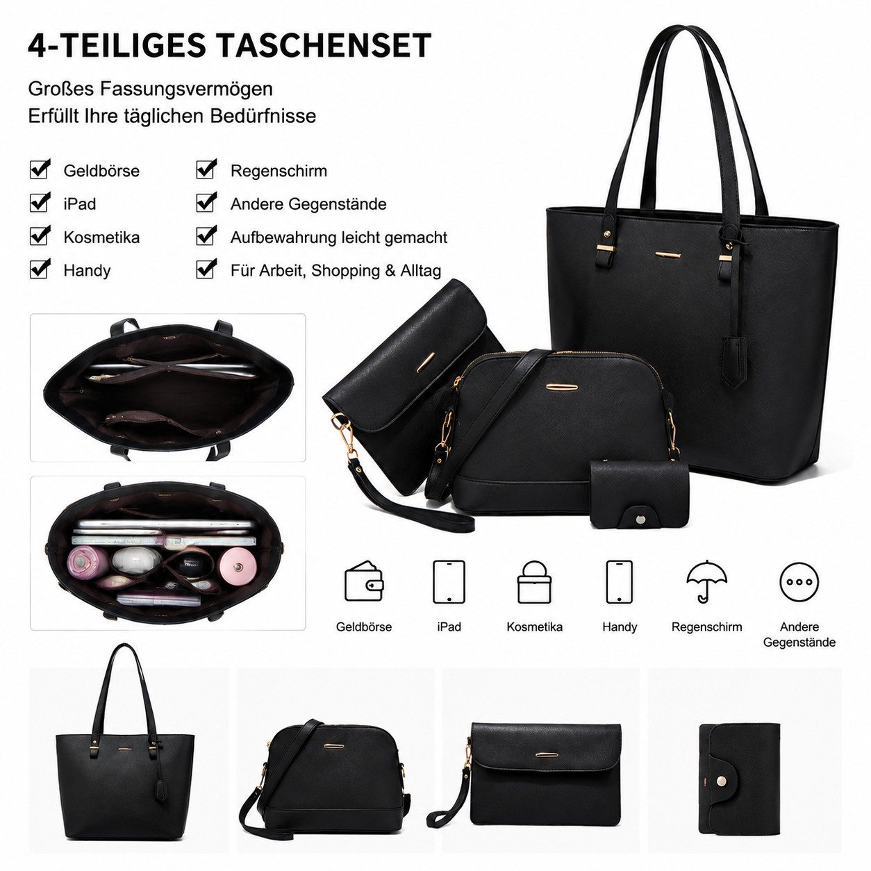 ibettertec Shopper Damen Taschen Set 4tlg Handtasche Shopper Umhängetasche Kartenetui (Elegantes 4-teiliges Taschenset für Damen – vielseitig kombinierbar), geräumig und perfekt für Alltag, Büro und Freizeit