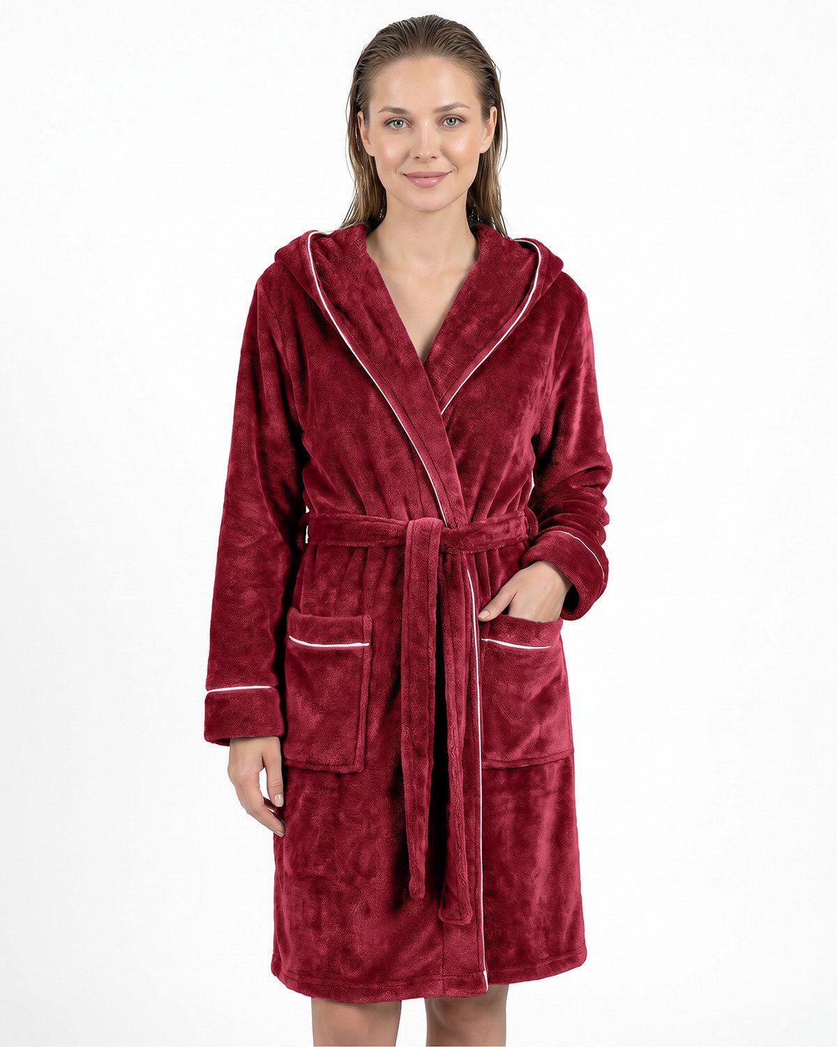 Gräfenstayn Damenbademantel Bademantel Damen flauschig Kapuze Kuschelfleece leicht kurz, warm & kuschelig, Knielang, Fronttaschen, Gürtel, S-XXL