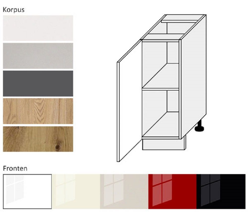 Korpus Front (Küchenunterschrank, Hochglanz matt camel / Unterschrank und Feldmann-Wohnen PLATINIUM - Frontfarbe weiß wählbar Küchenschrank) Korpus- PN-D1D/45