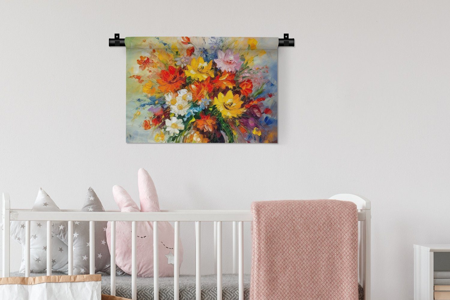 MuchoWow Wanddekoobjekt Blumen - Bunt - - Ölfarbe Schlafzimmer, Blumentopf, Kinderzimmer Wanddeko Kleid, für Wandbehang, Wohnzimmer