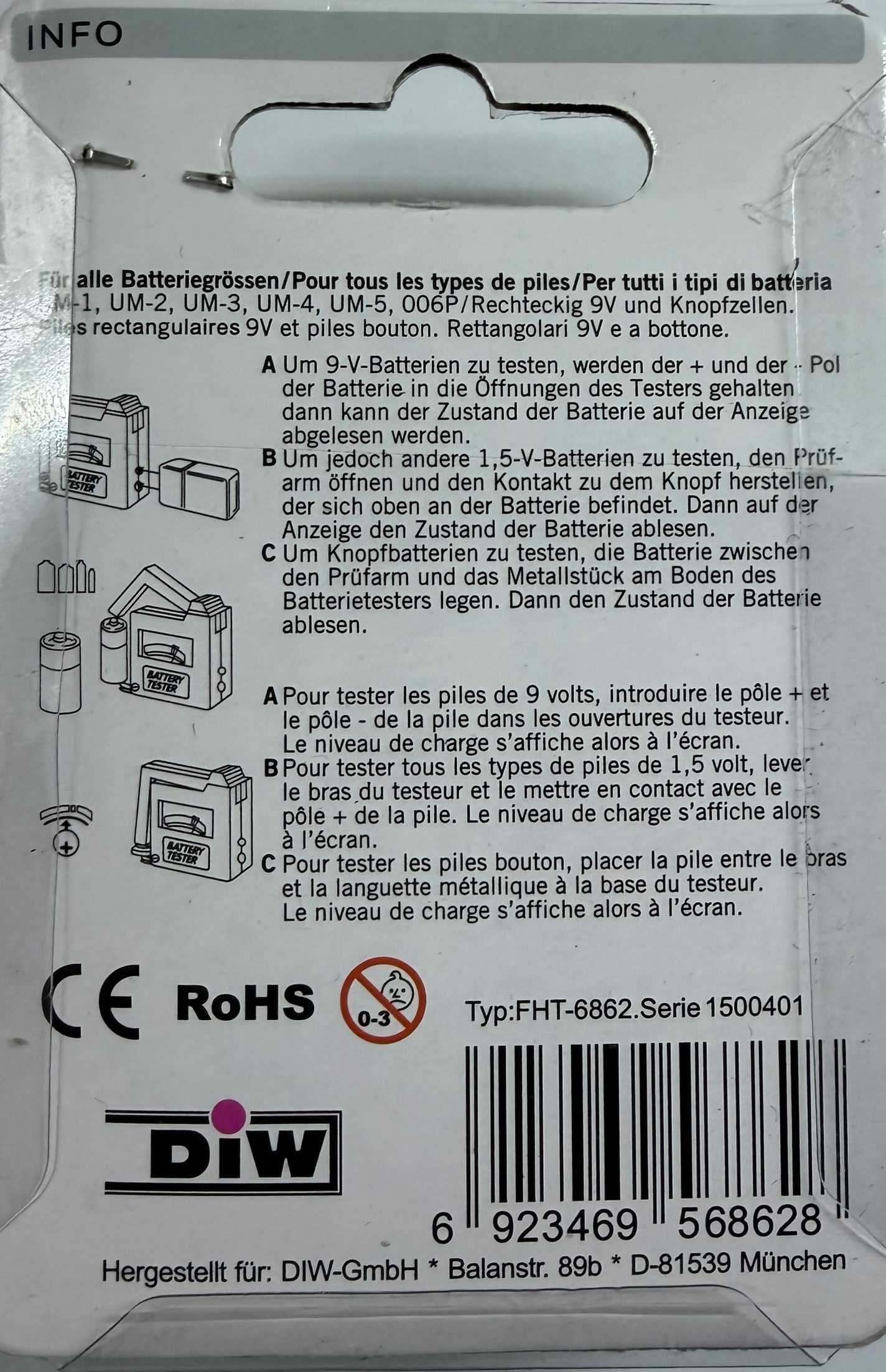 DIW Batterietester Universal Batterietester FHT-6862 für alle Batterietypen & Knopfzellen, (Packung, 1 St., Einzelartikel), funktioniert ohne Strom und ohne Batterie