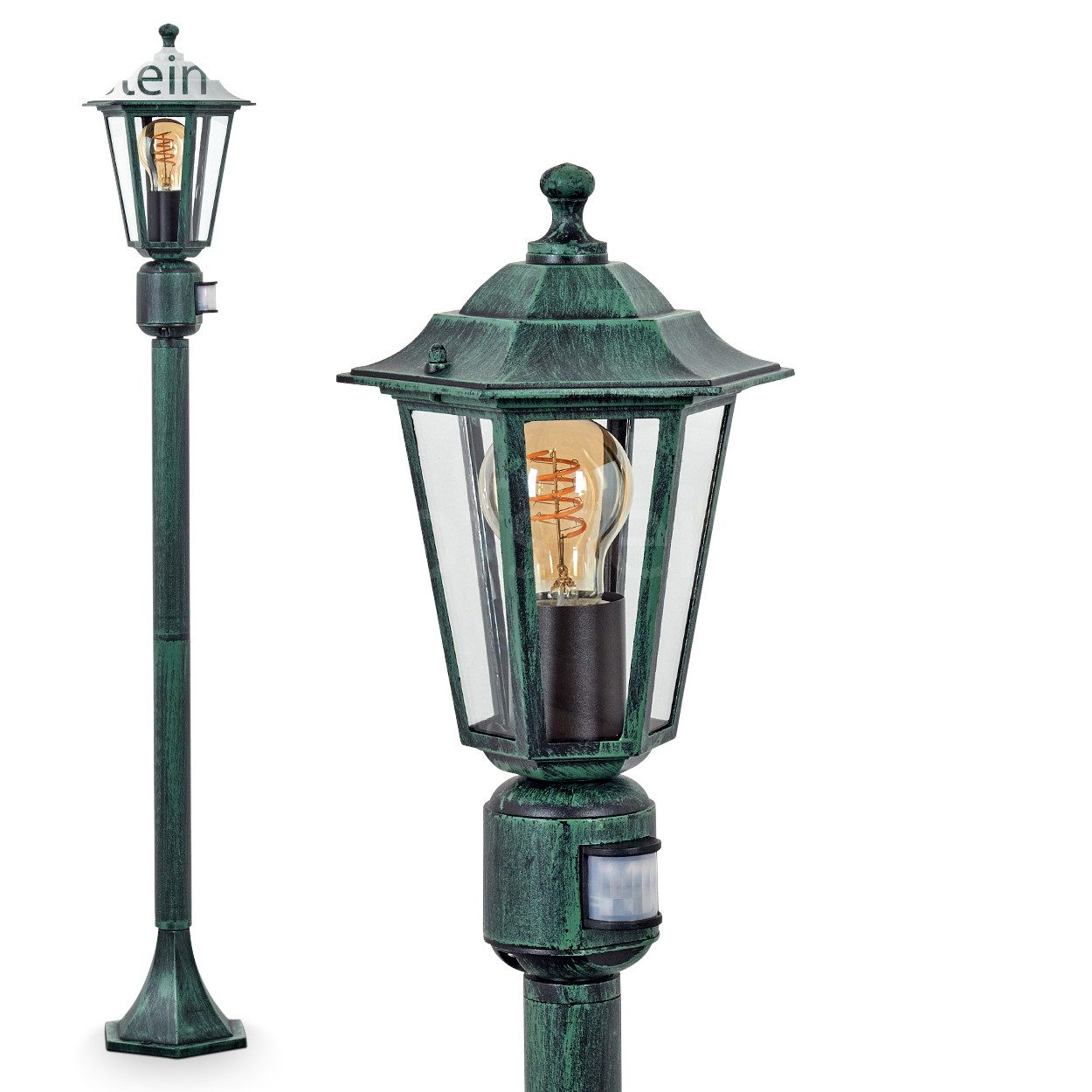 hofstein Pollerleuchte Wegeleuchte m. Bewegungsmelder aus Metall/Glas in Schwarz-Grün/Klar, ohne Leuchtmittel, antike Außenleuchte, Gartenlampe, Gartenbeleuchtung IP44, 1 x E27