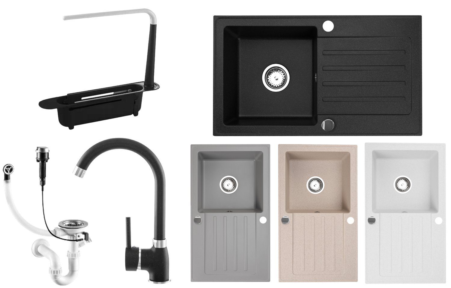 Faizee Möbel Granitspüle Granitspüle 76x44+Organizer (Armatur wählbar)Spülbecken Einbauspüle