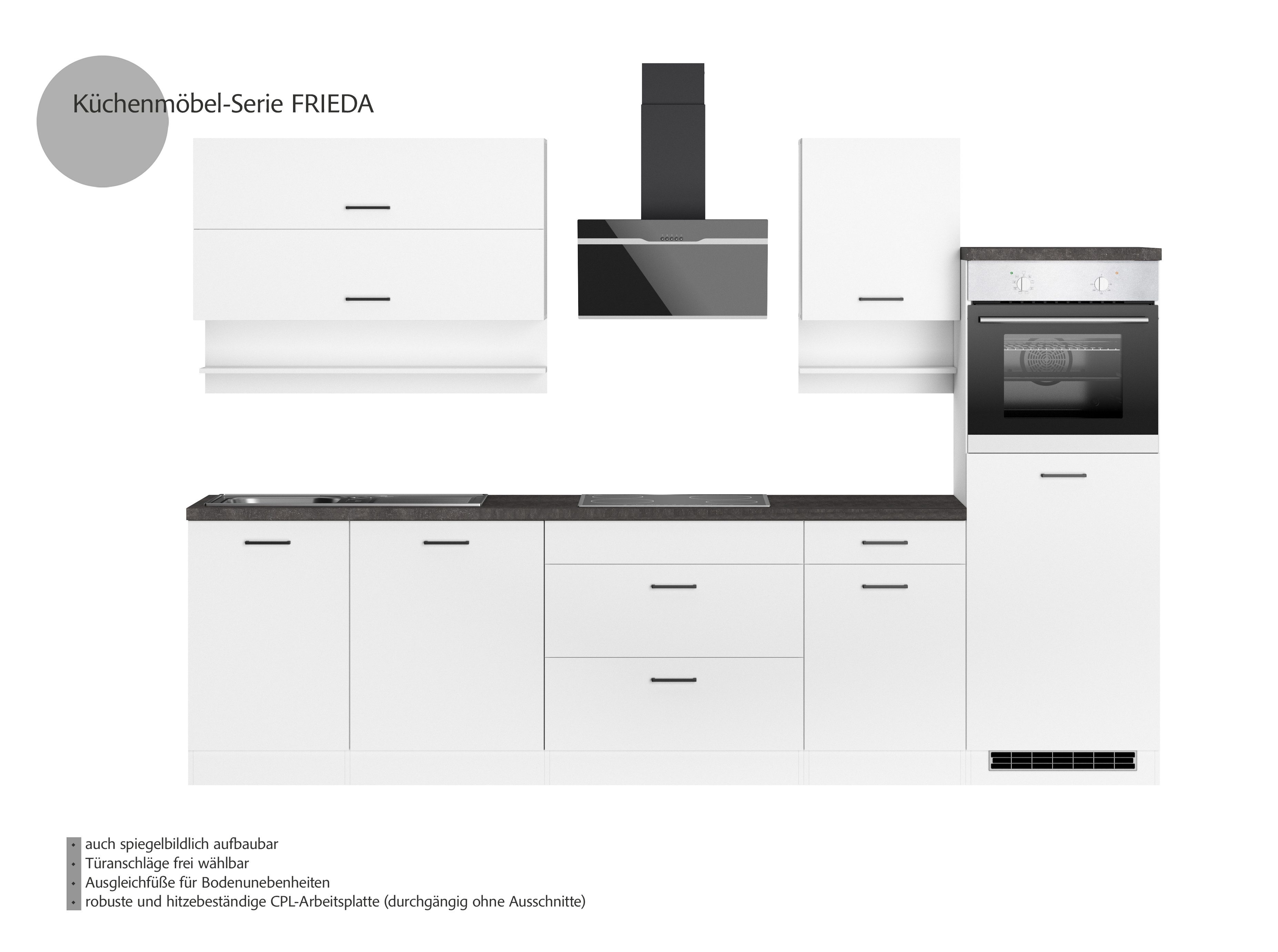 KOCHSTATION Küchenzeile KS-Frieda Breite 300 cm, wahlweise mit E-Geräten, mit 38mm starker Arbeitsplatte