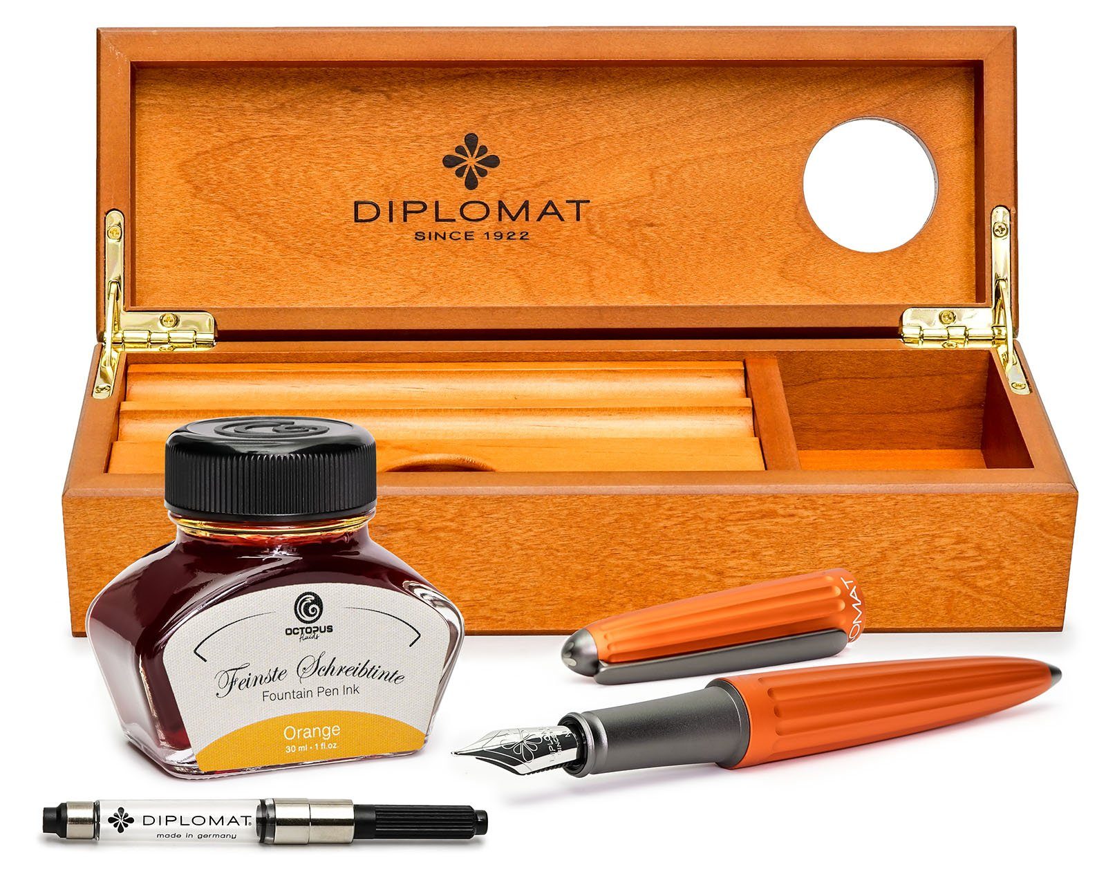 DIPLOMAT Füllhalter Aero orange mit Schreibtinte, (Komplett-Set mit Tintenkonverter, Schreibtinte Orange von Octopus Fluids und Holzetui), MADE IN GERMANY