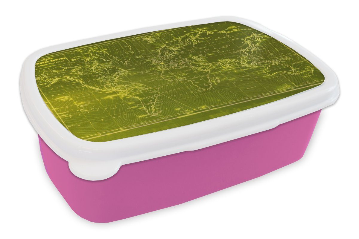 MuchoWow Lunchbox Weltkarte - Vintage - Lila, Kunststoff, (2-tlg), Brotbox für Erwachsene, Brotdose Kinder, Snackbox, Mädchen, Kunststoff rosa