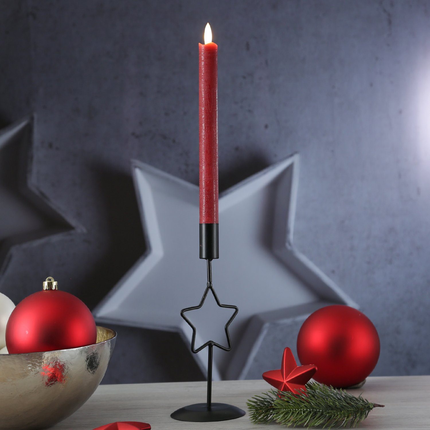 MARELIDA Kerzenhalter Stabkerzenhalter mit Stern Kerzenständer für Tafelkerze schwarz 21,5cm (1 St)