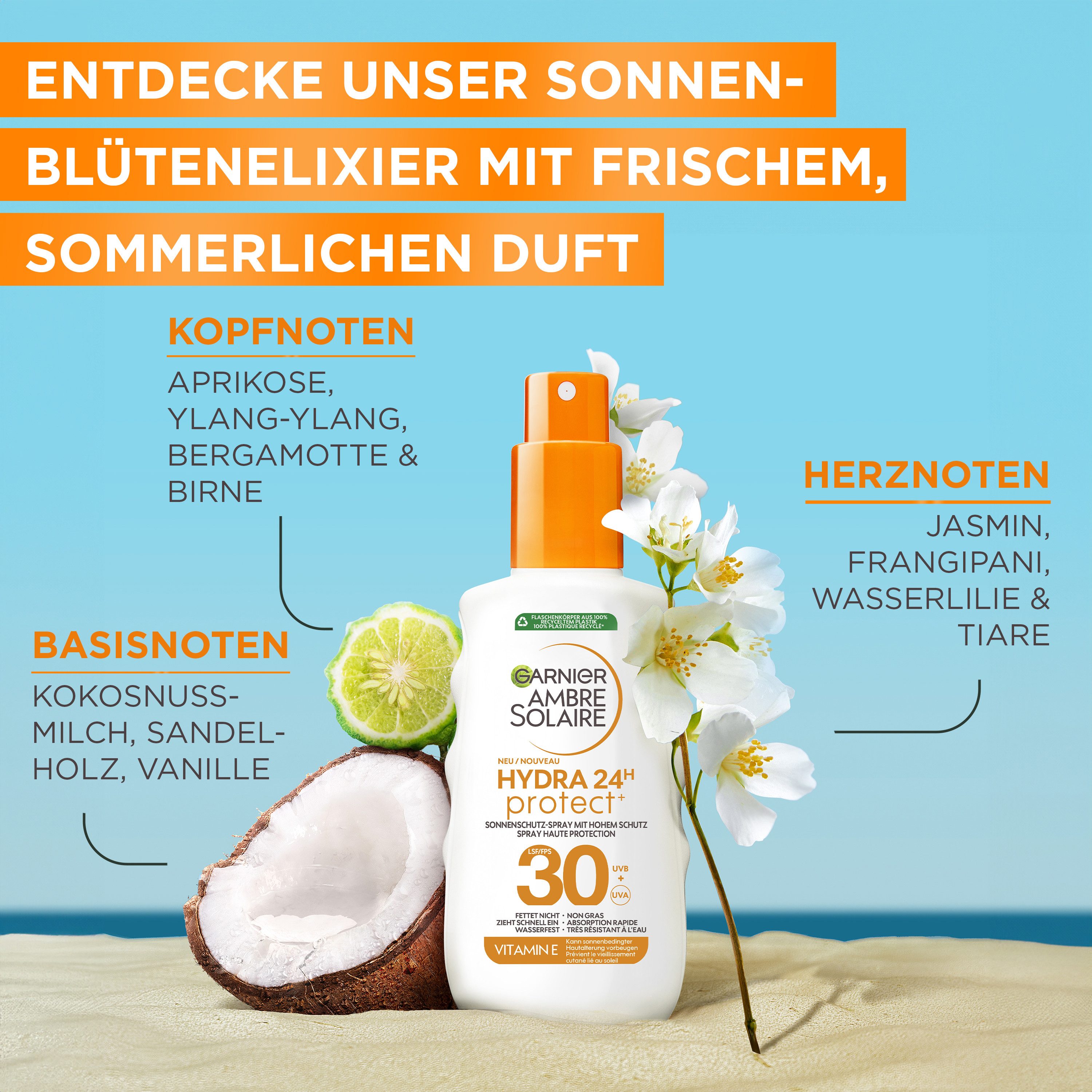 GARNIER Sonnenschutzspray AMBRE SOLAIRE HYDRA 24H PROTECT+ SONNENSCHUTZ-SPRAY LSF 30, Beugt sonnenbedingte Hautalterung vor, wasserfest, zieht schnell ein.