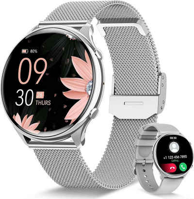 Powerwill Damen Smartwatch mit Telefonfunktion, 1,39-Zoll-HD-Voll-Touchscreen Smartwatch (1,39 Zoll) Schlafüberwachung, Menstruationszyklus, Armbanduhr, IP68, mit Wechselarmband aus Silikon, Fitness-Tracker mit 120 Sportmodi, SpO2-Herzfrequenzmesser