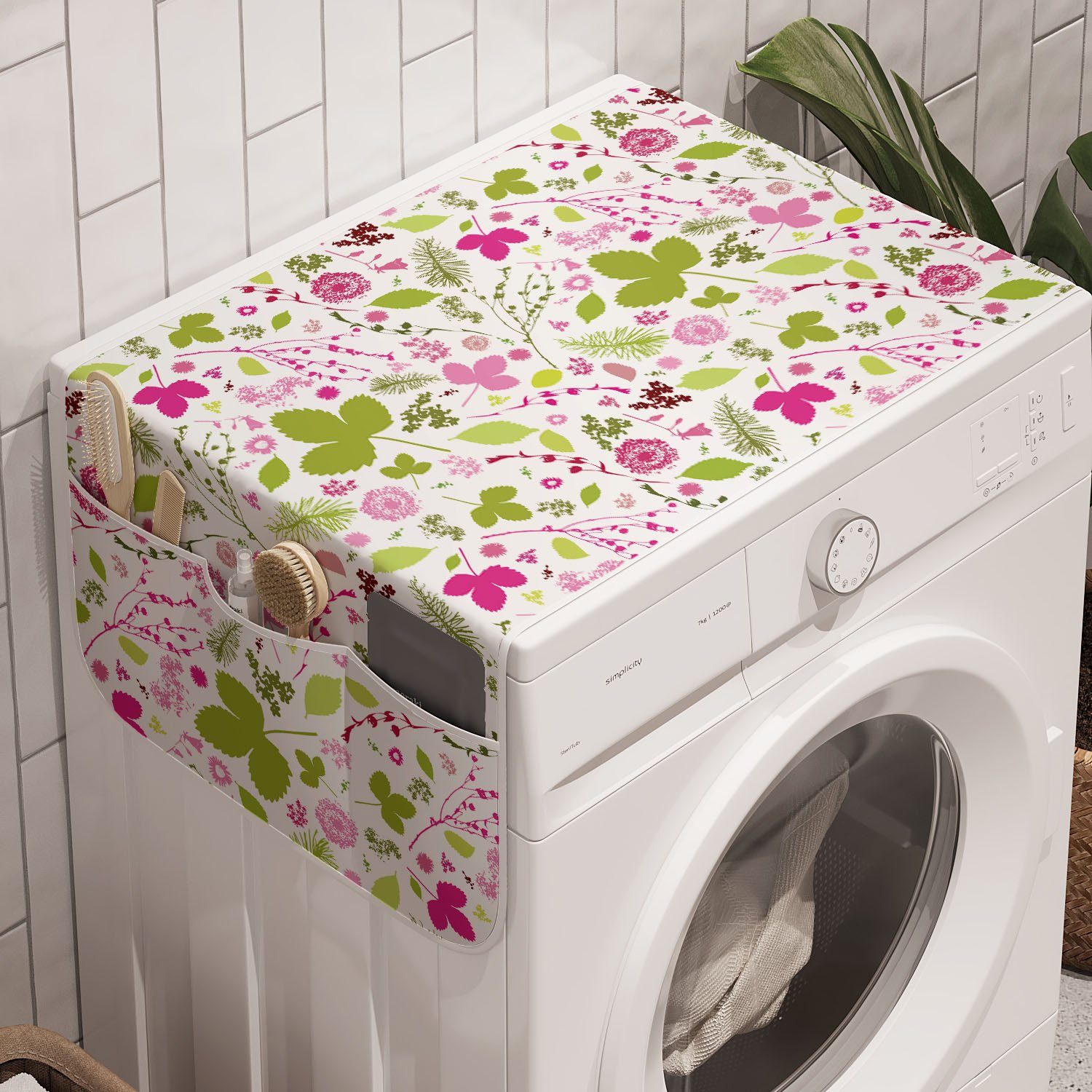 Abakuhaus Badorganizer Anti-Rutsch-Stoffabdeckung für Waschmaschine und Trockner, Blume Floral Silhouetten Entwurf